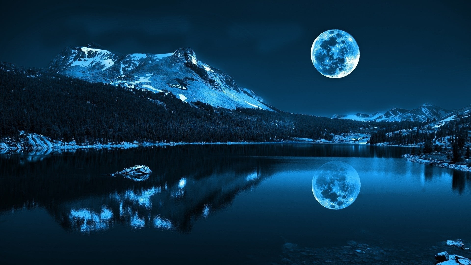 Moon, lake, mountains, cold night, nature scenery