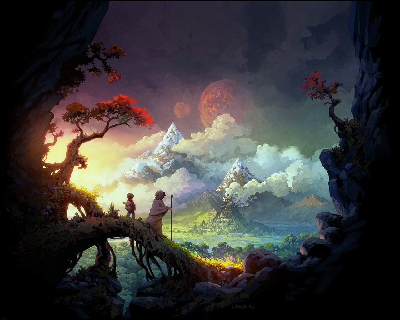 animated wizard wallpaper, fantasy art, city, nature, tree, smoke - physical structure