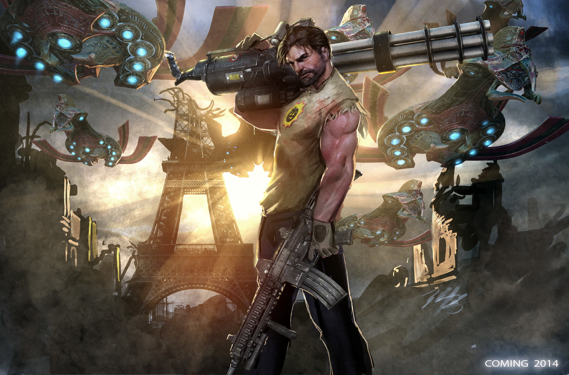 man holding rifle wallpaper, weapons, figure, monsters, machine