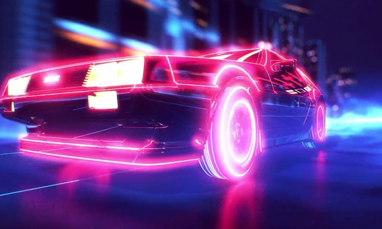 1980s, car, DeLorean, neon, New Retro Wave, retro Games, synthwave