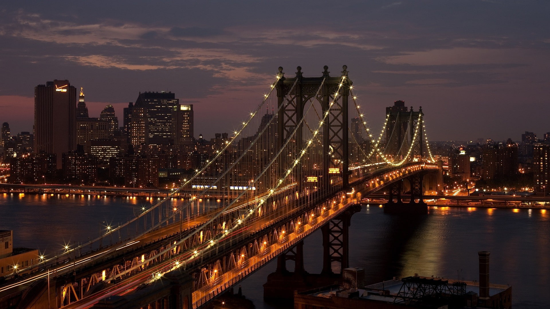 city, USA, New York City, bridge, night, Manhattan Bridge, architecture