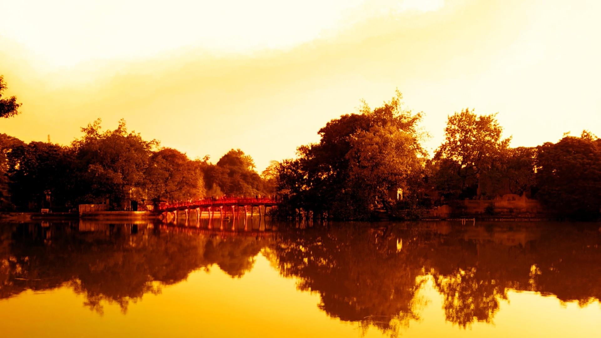hanoi, hoguom, vietnam, lake, sunset, reflection, tree, water