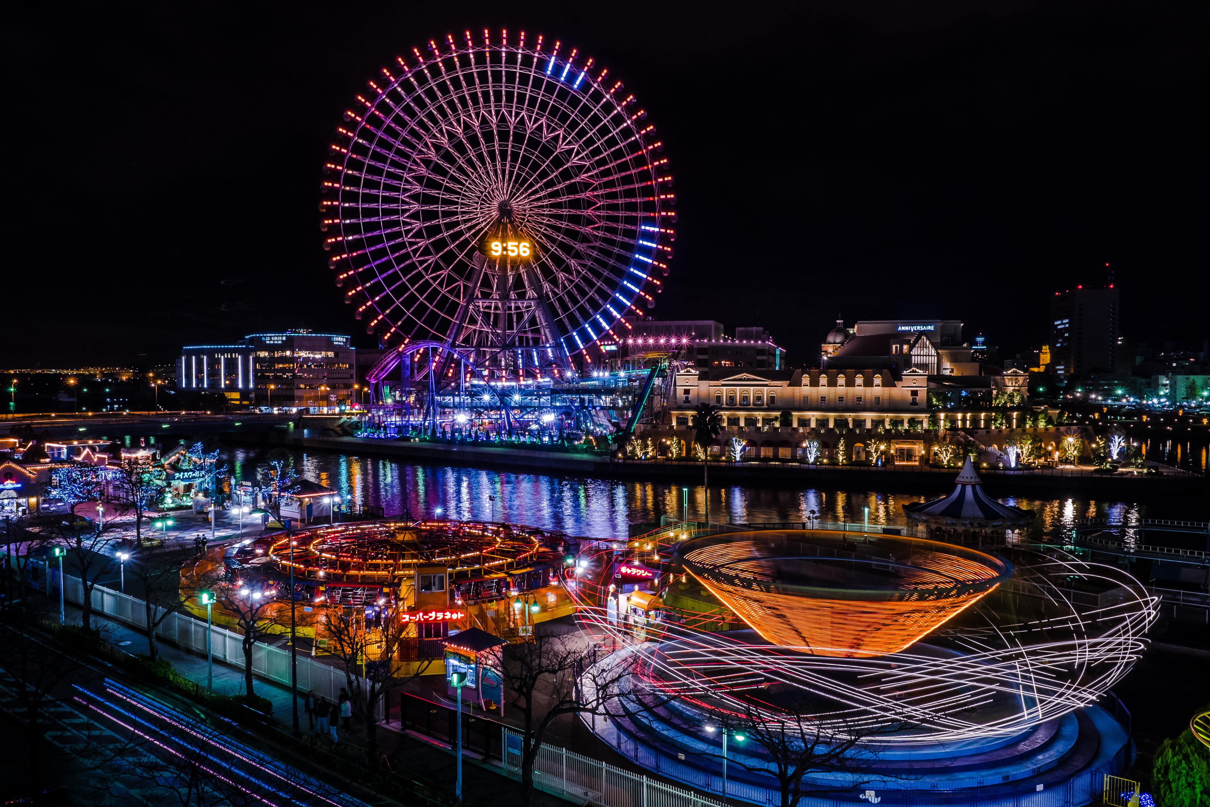 night photography of city, World at night, Amusement park, Yokohama