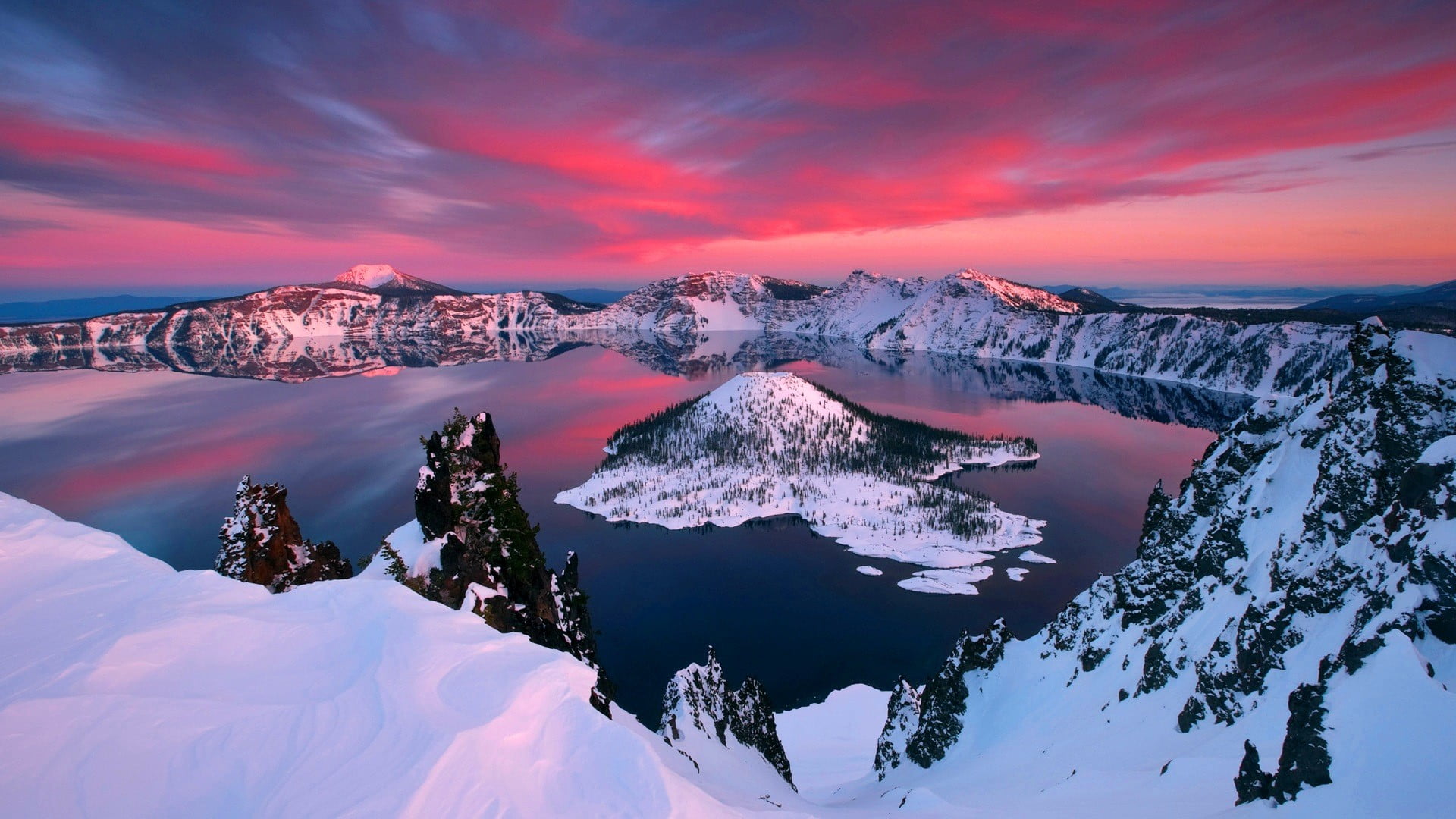 lake, mountains, snow, sky, crater lake, nature, landscape