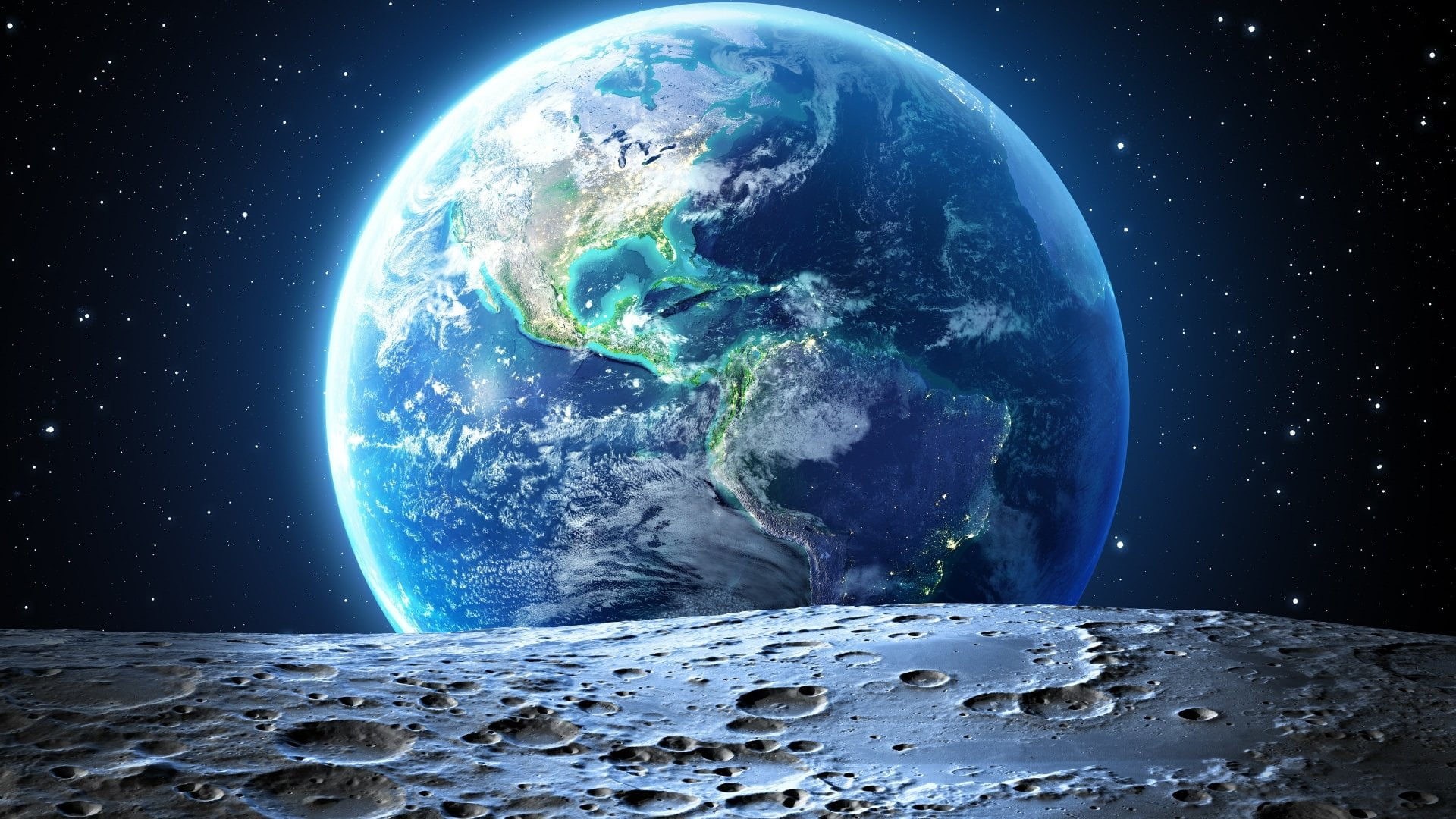 Earth, From Space, Crater, Moon, Stars, planet earth, planet - space