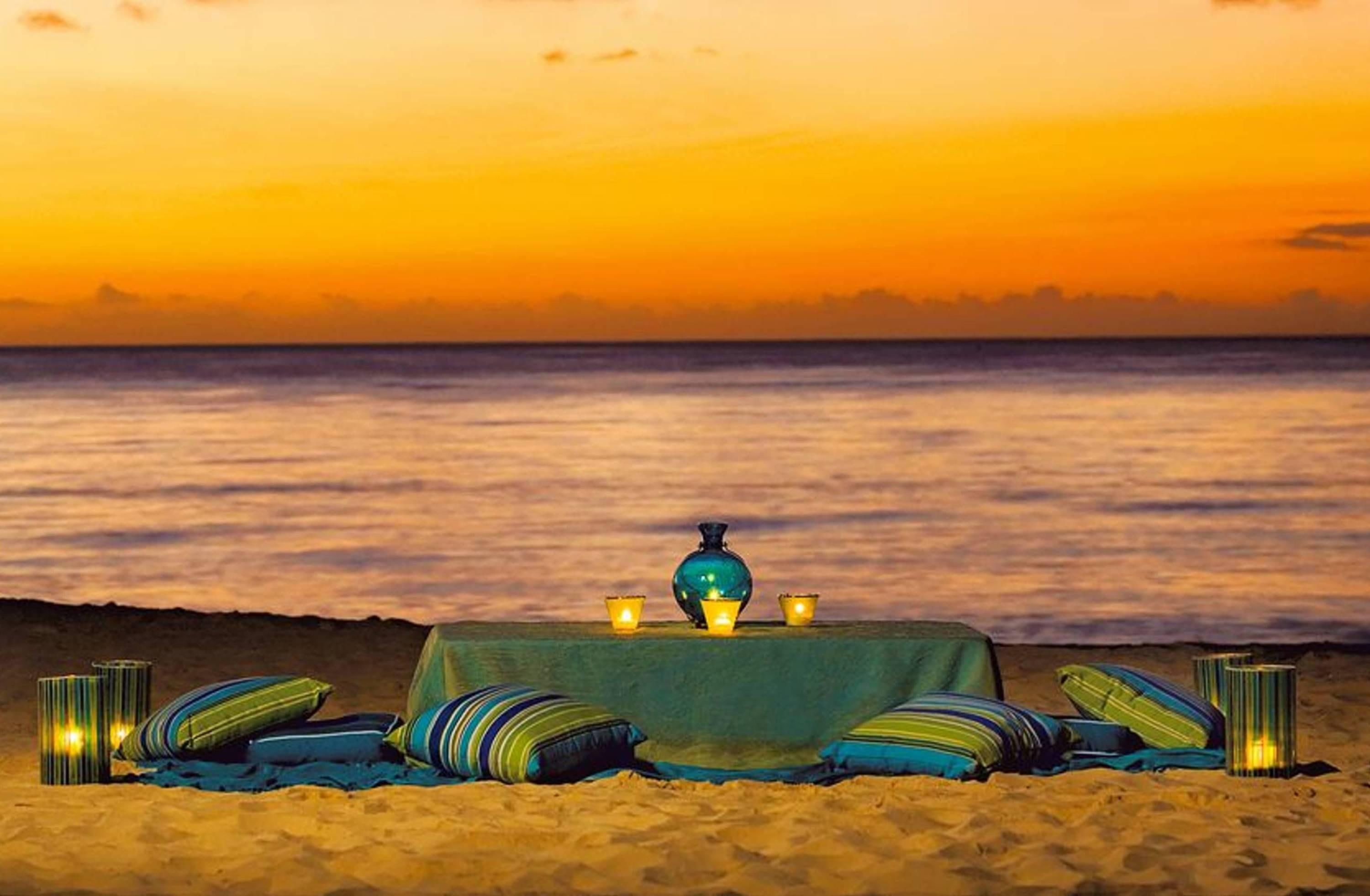 Sunset Beach Picnic, island, view, ornage, romantic, tropical