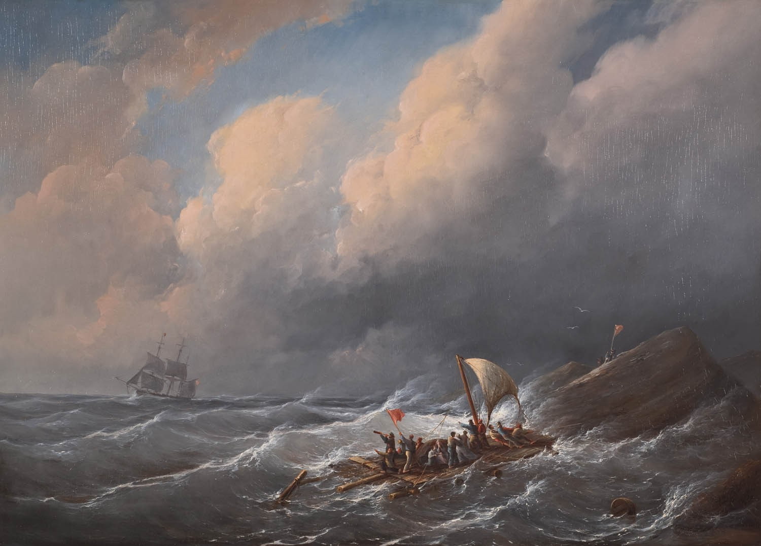 painting, sea, classic art, waves, clouds, ship, rafting, cloud - sky