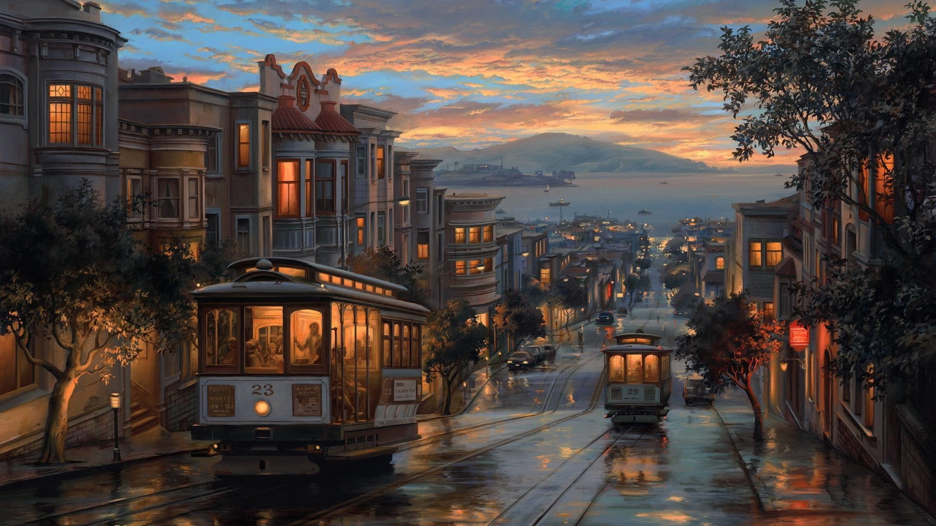 white and black cable cars, painting, San Francisco, architecture