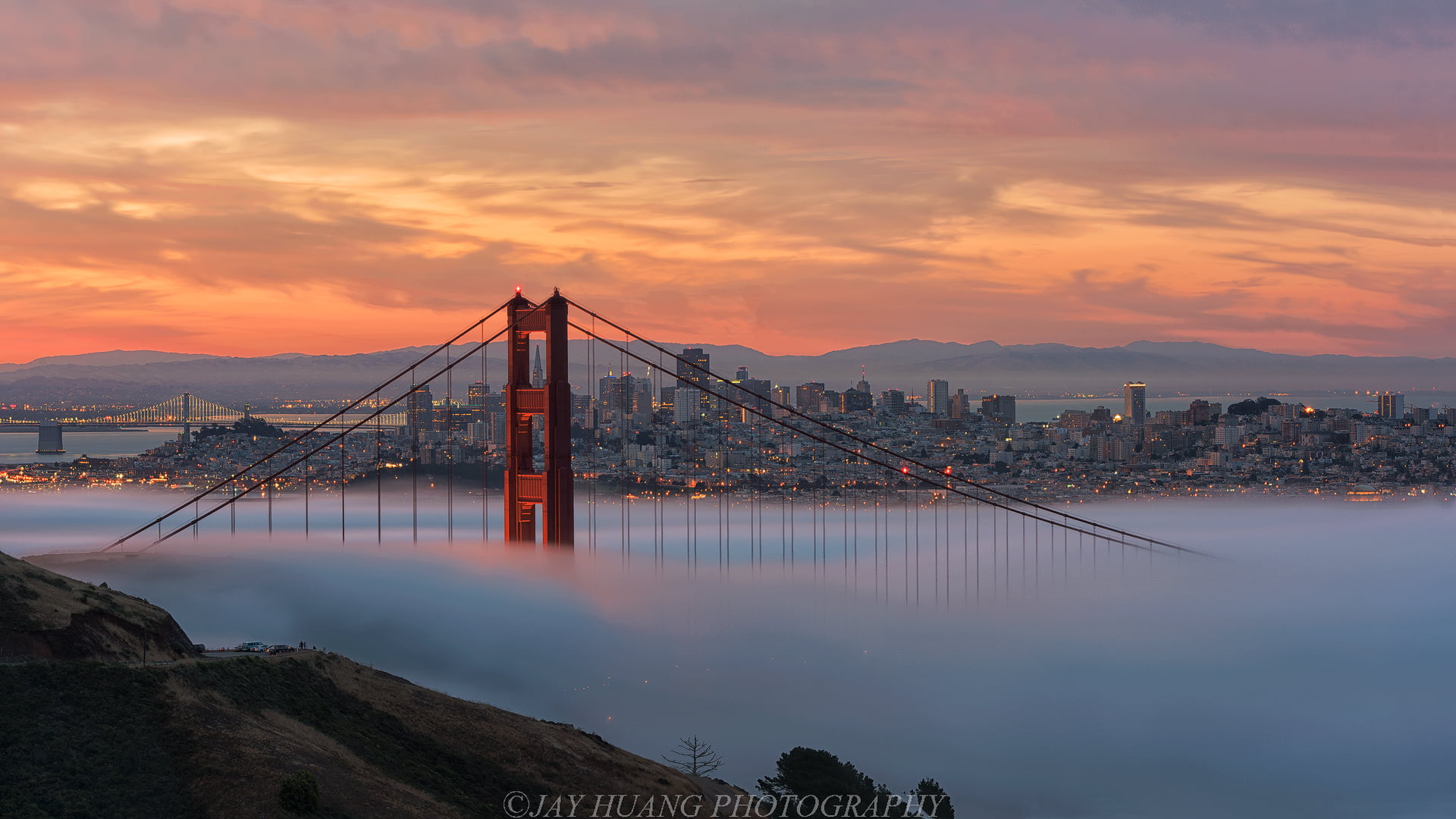 Golden Gate Bridge covered with fog, Fog City, Low, Sunrise, Downtown