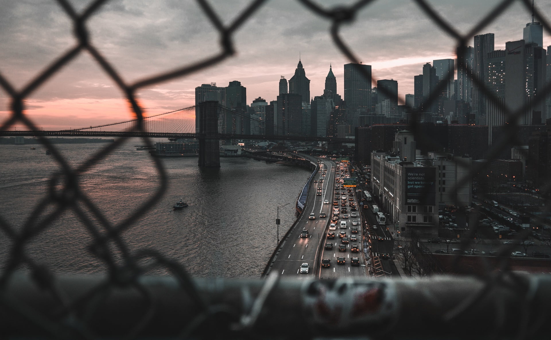 city, cityscape, New York City, road, car, sea, bridge, Brooklyn Bridge