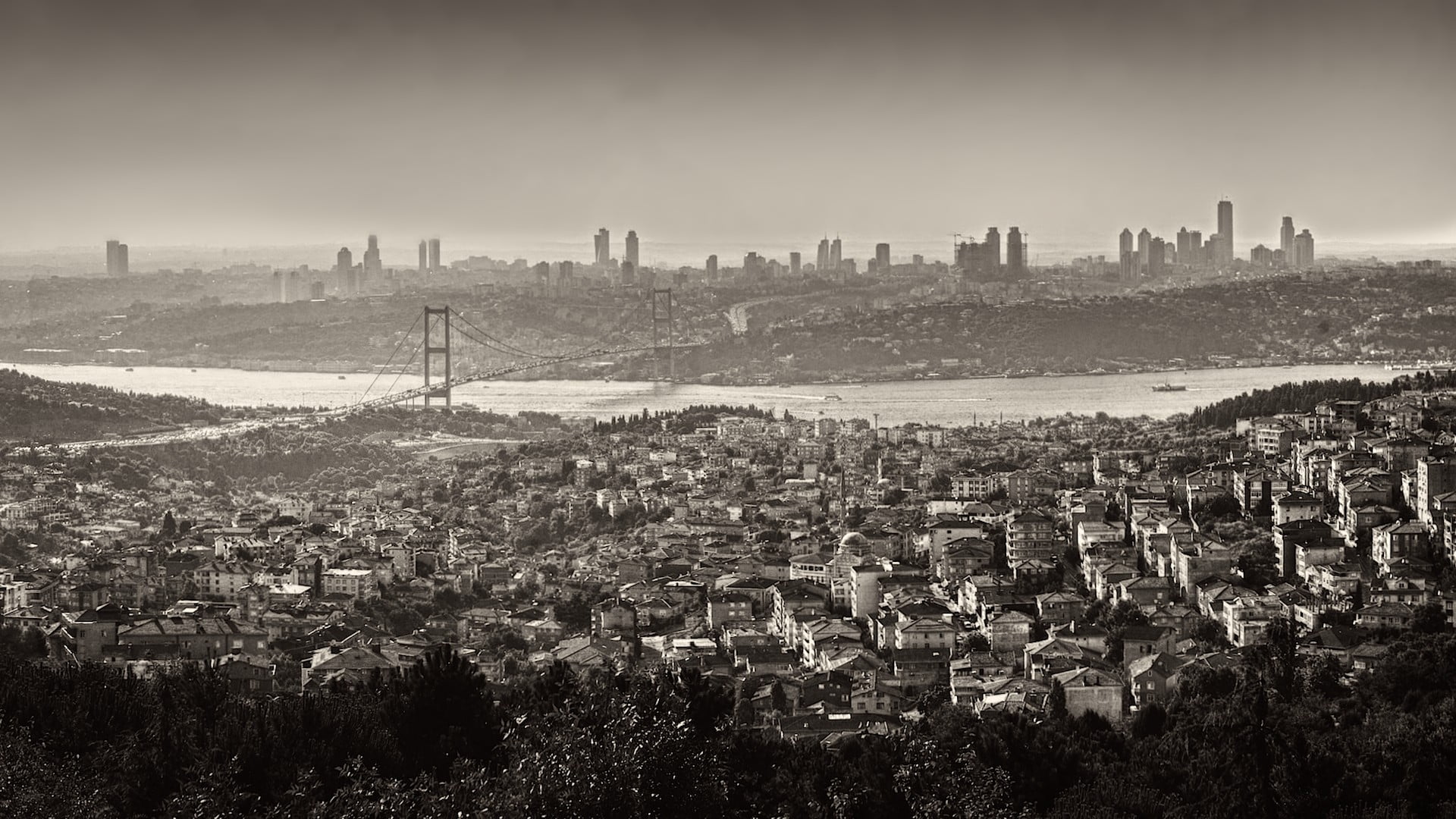 city skyline, Istanbul, Turkey, monochrome, cityscape, bridge