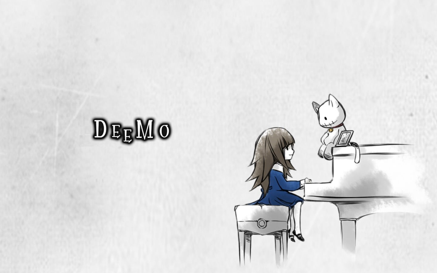 girl playing piano and cat illustration, Deemo, music, text, western script