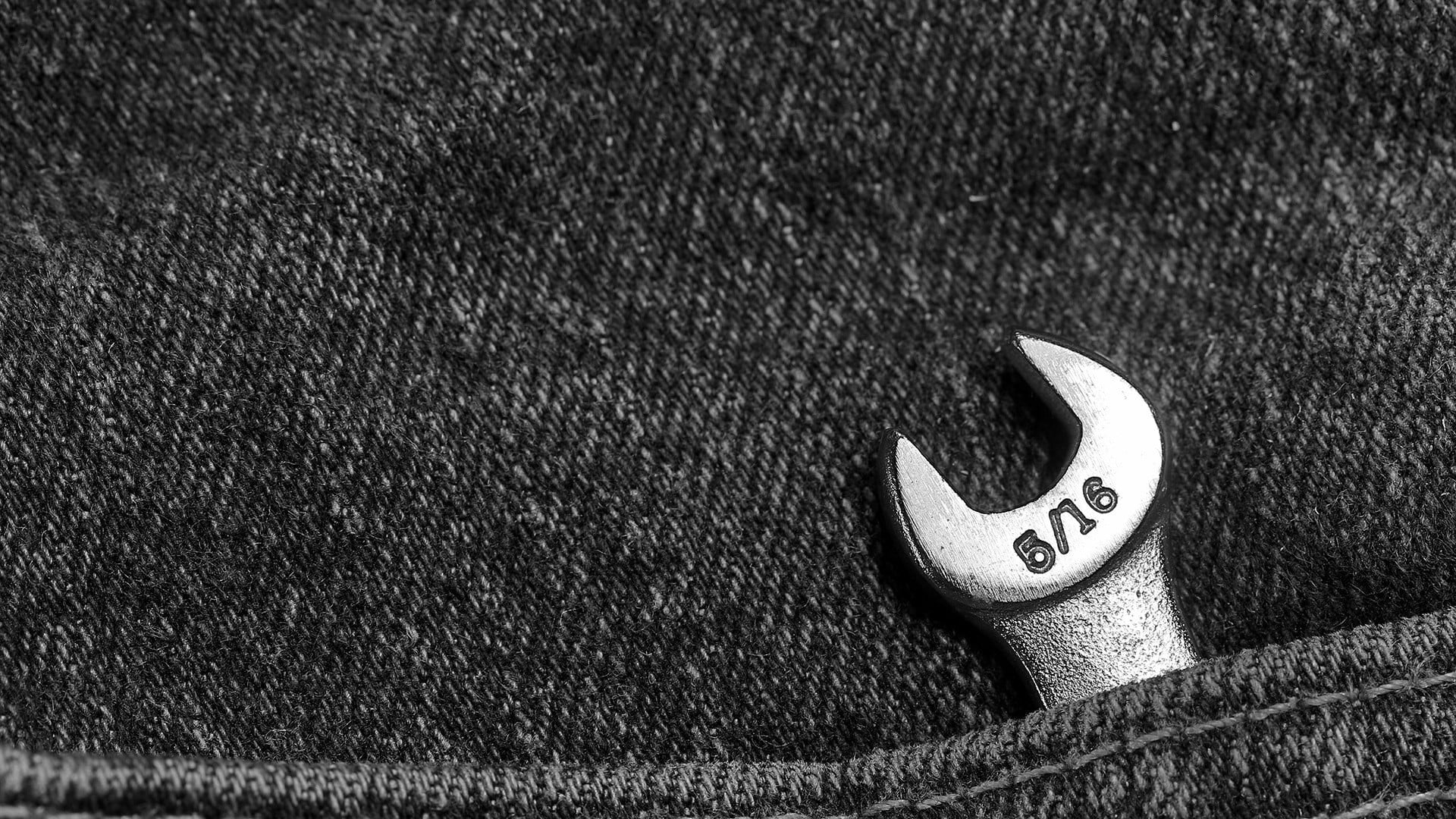 5/16 silver open wrench, monochrome, jeans, pocket, tools, metal
