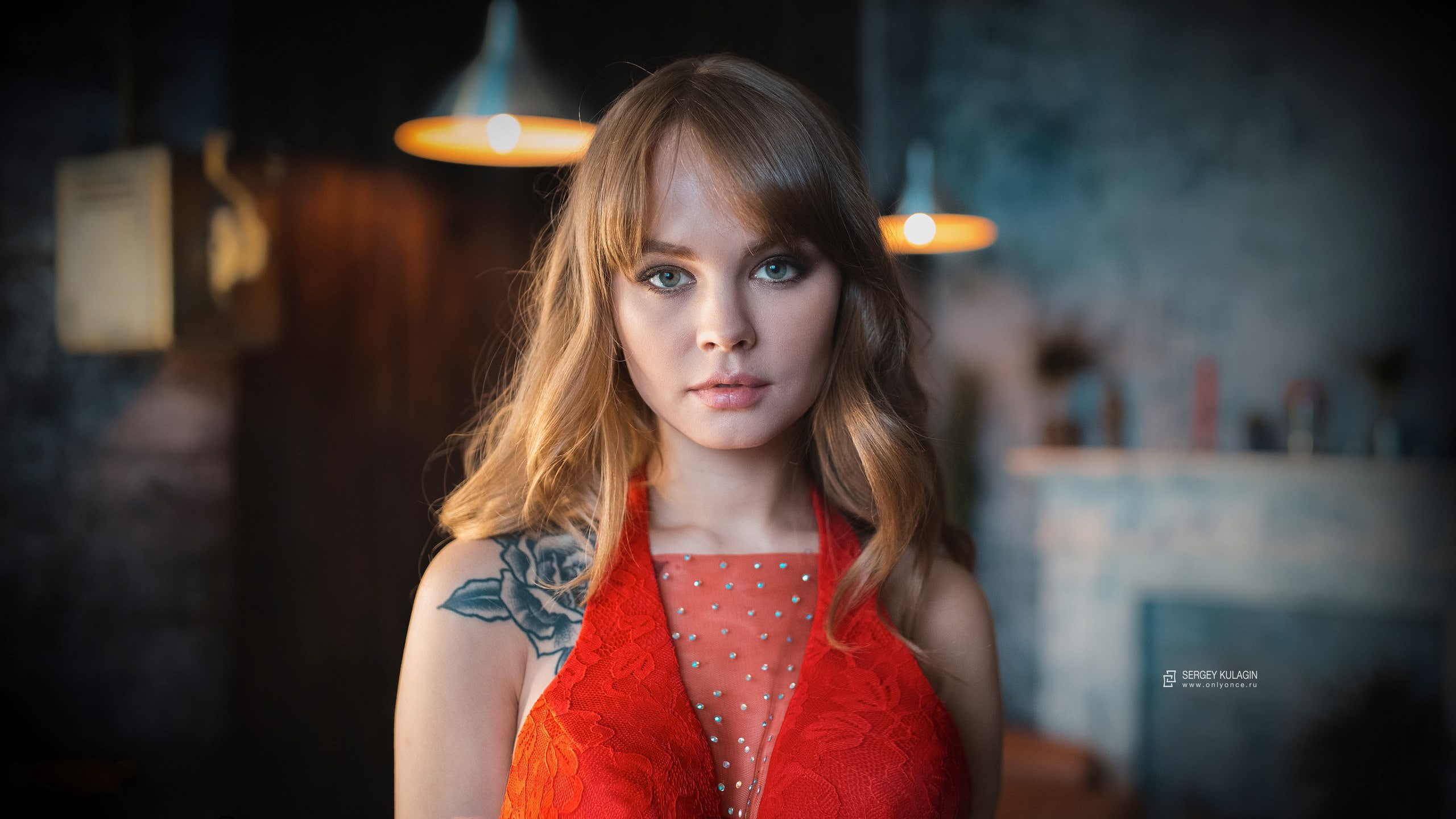 women, Anastasia Scheglova, blonde, red dress, tattoo, portrait