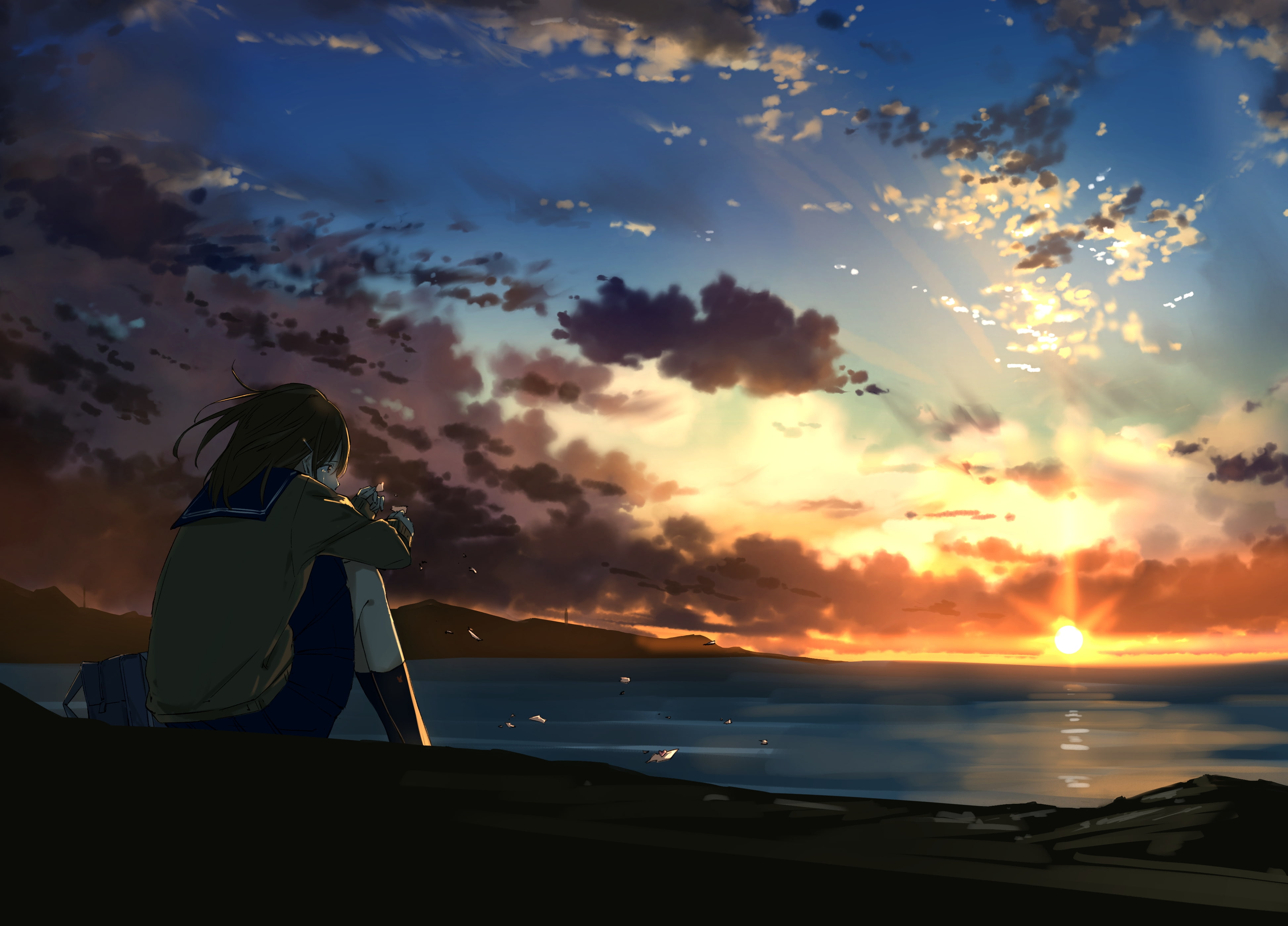 anime girl, crying, lonely, sunset, clouds, school uniform