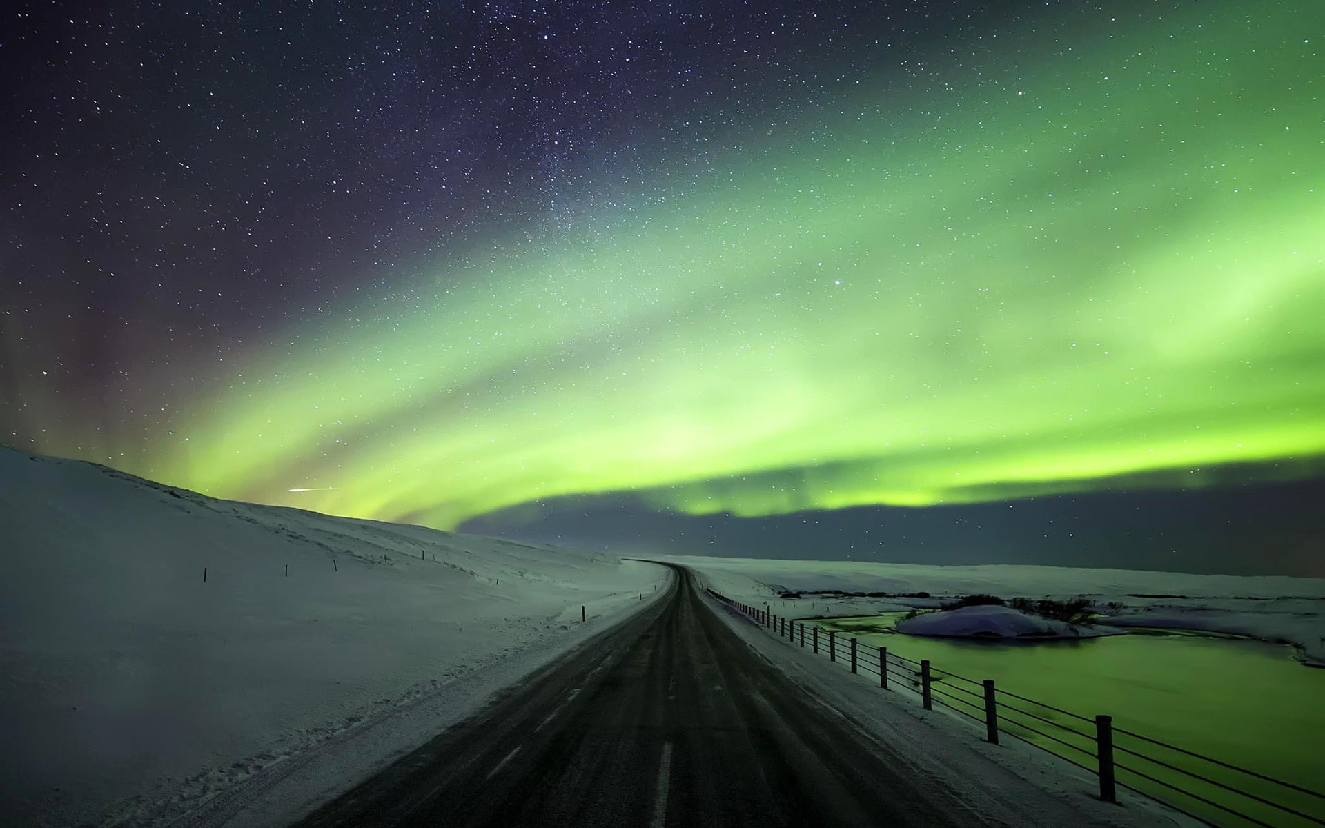 Beautiful northern lights, road, snow, winter, Iceland