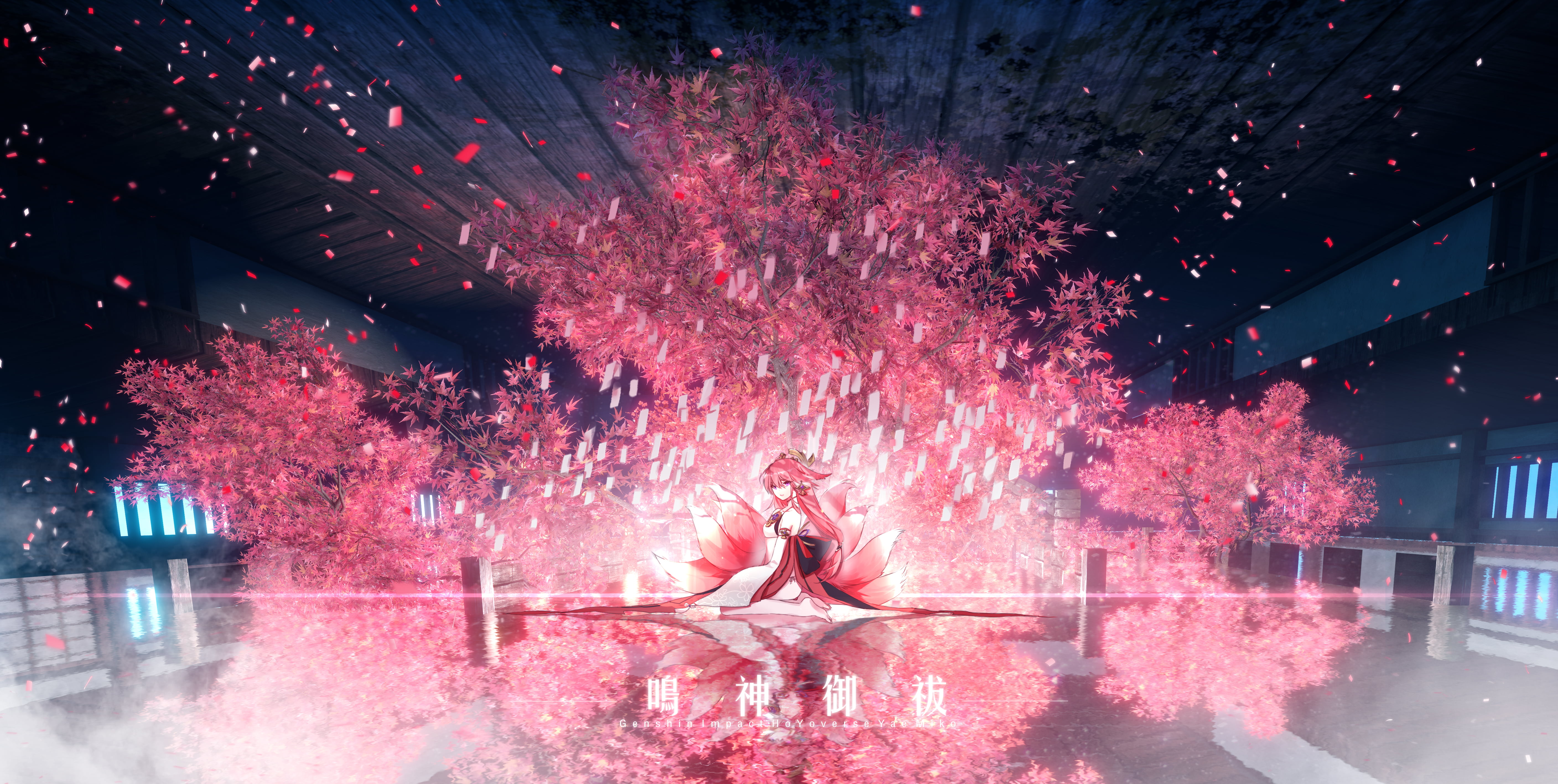 anime, anime girls, Yae Miko (Genshin Impact), cherry trees