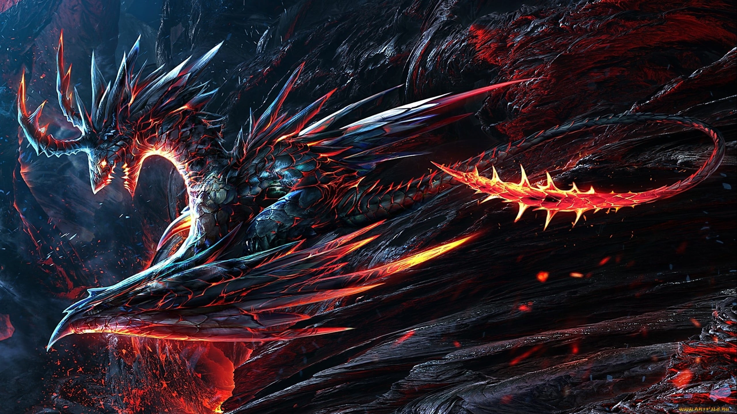 black and red dragon digital wallpaper, black and red dragon digital wallpaper