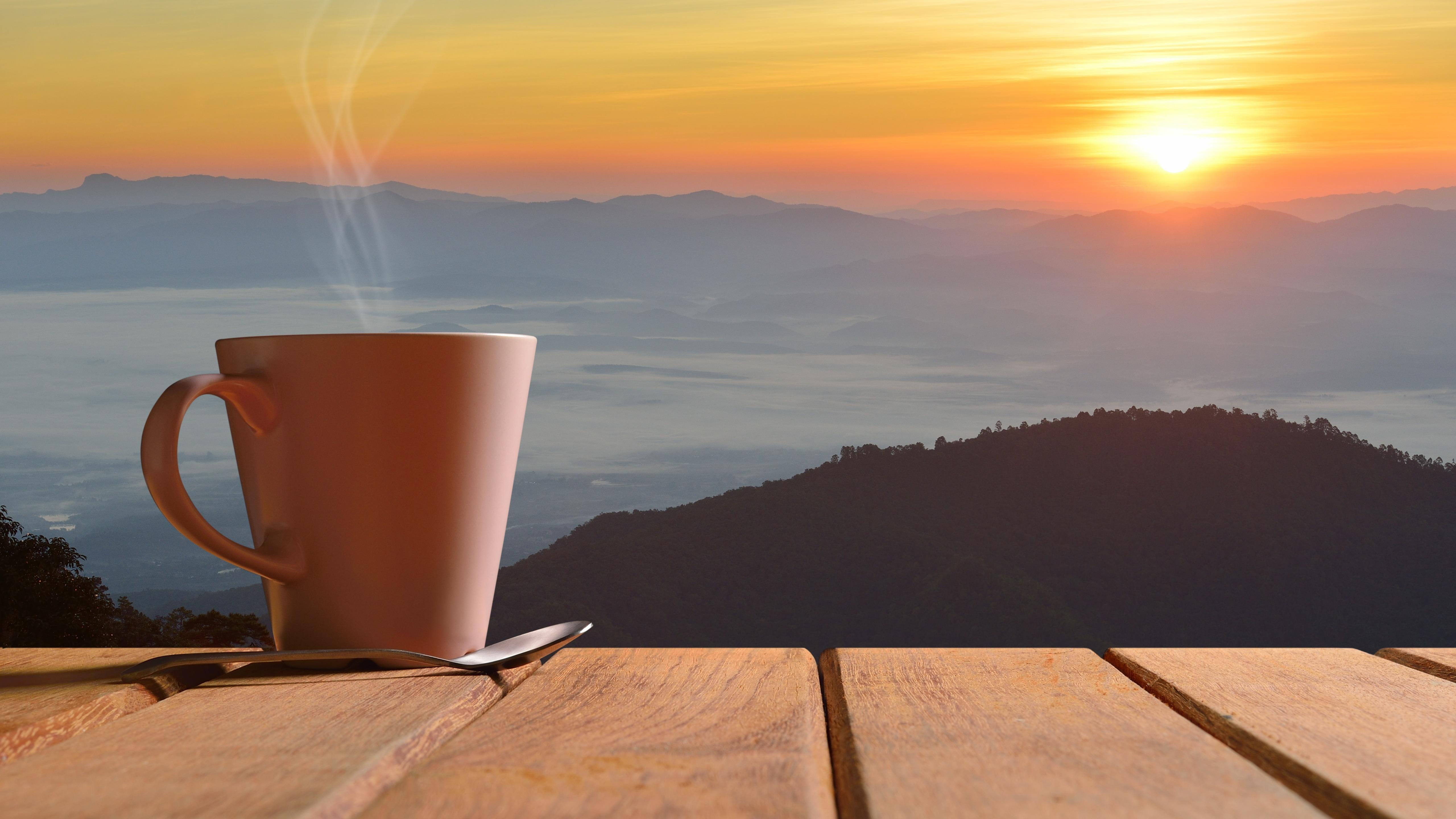 coffee, morning, sunrise, dawn, coffee cup, panorama, view