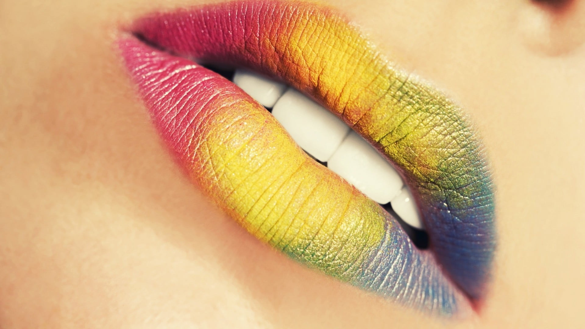 lips, women, colorful, face, teeth, closeup, blue, red, green