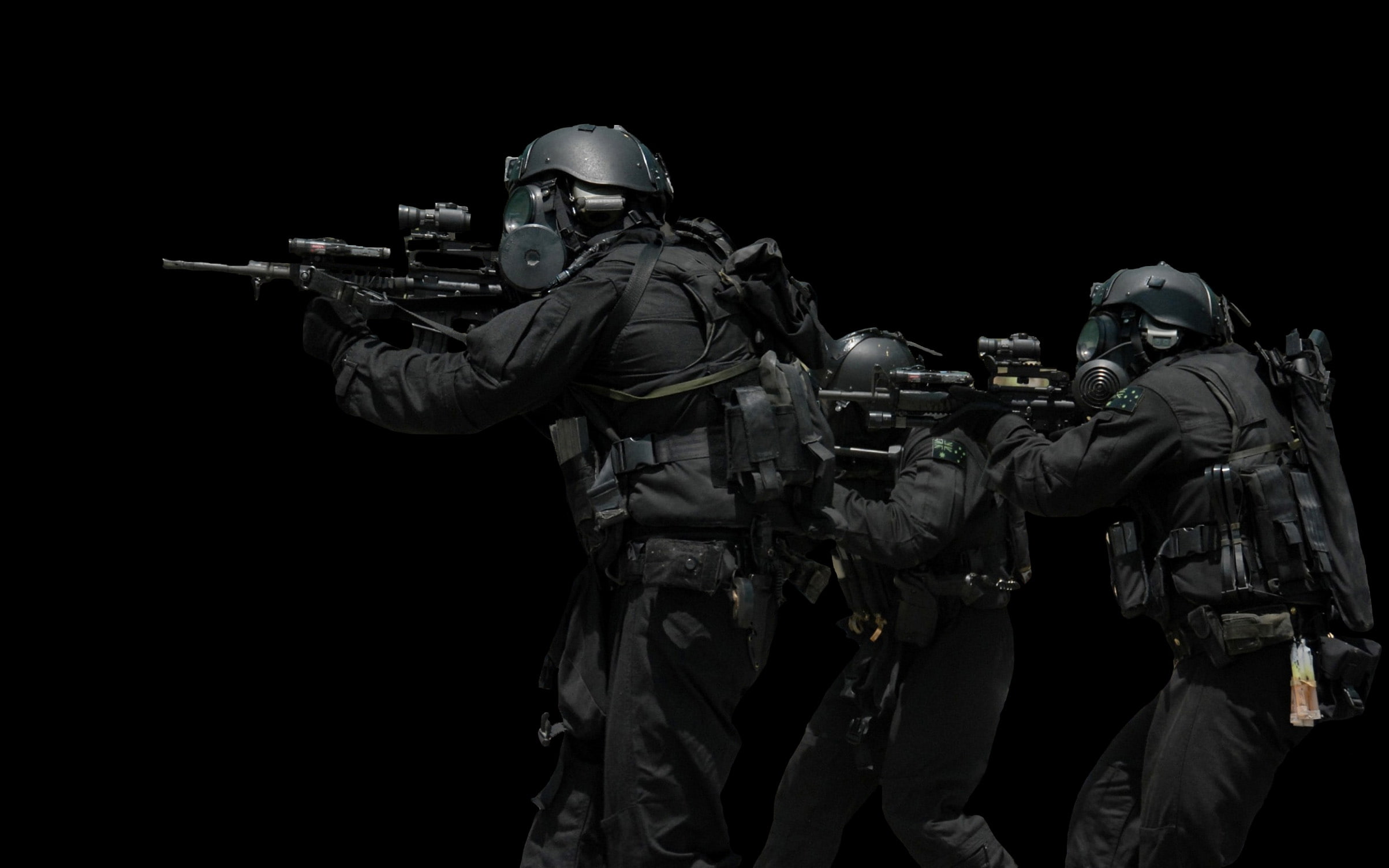 soldiers black guns gear helmet swat gas masks commando rifles australian military 2406x1504 wall Aircraft Military HD Art