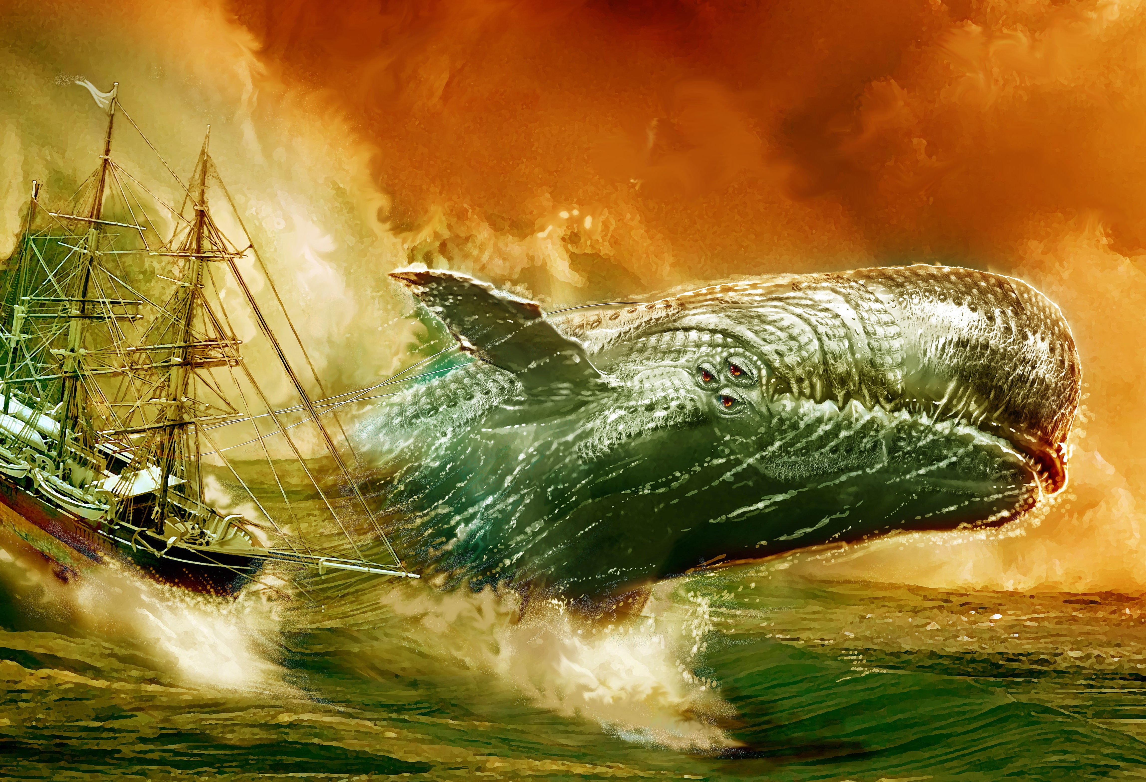 animals, artwork, digital art, Moby Dick, nature, sea, ship