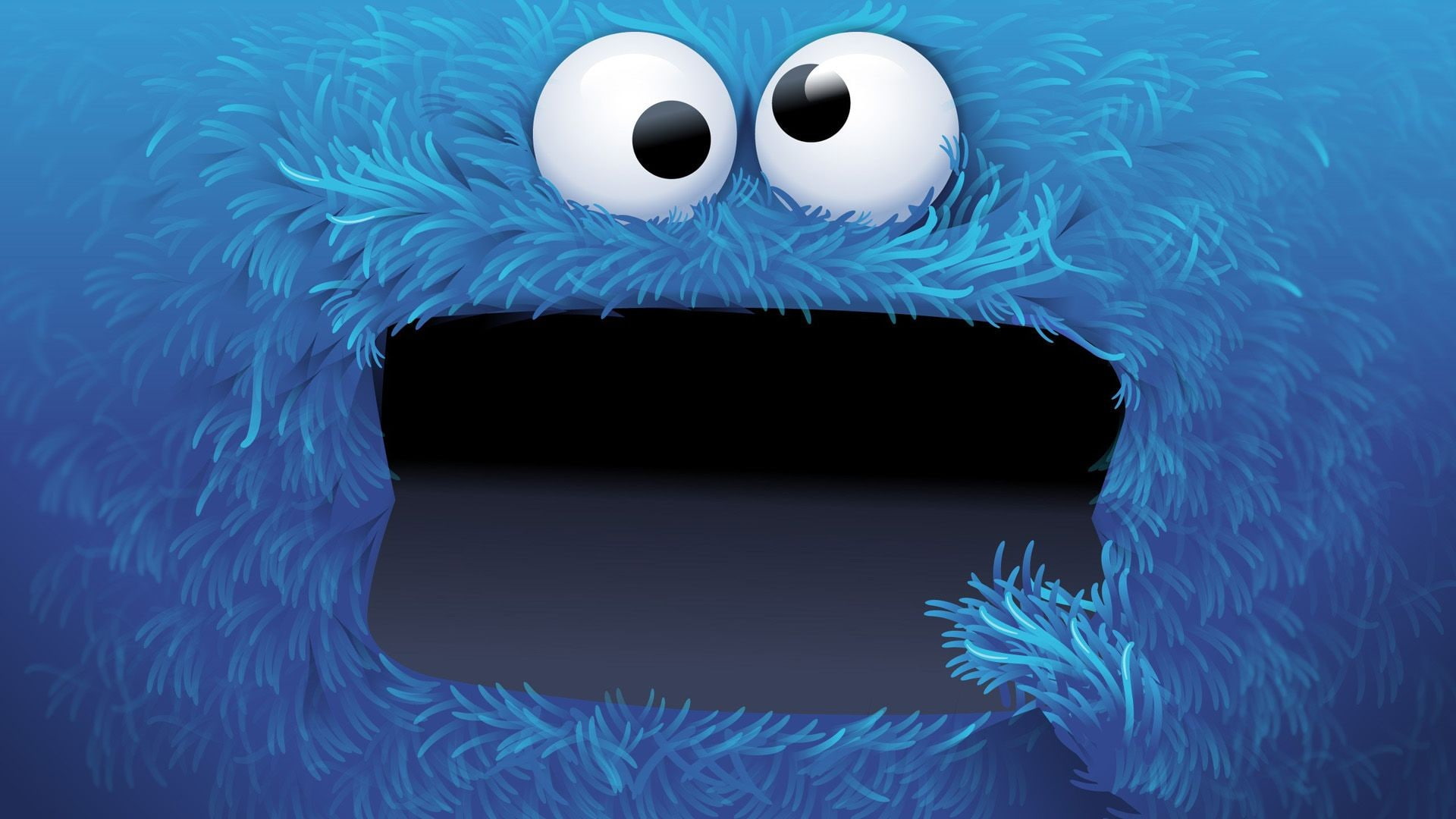 Cookie Monster, digital art, eyes, open mouth, blue