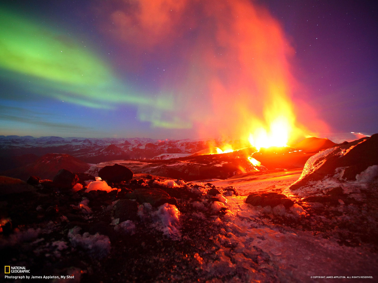 Aurora Borealis Northern Lights Volcano Fire Lava HD, national geographic photo