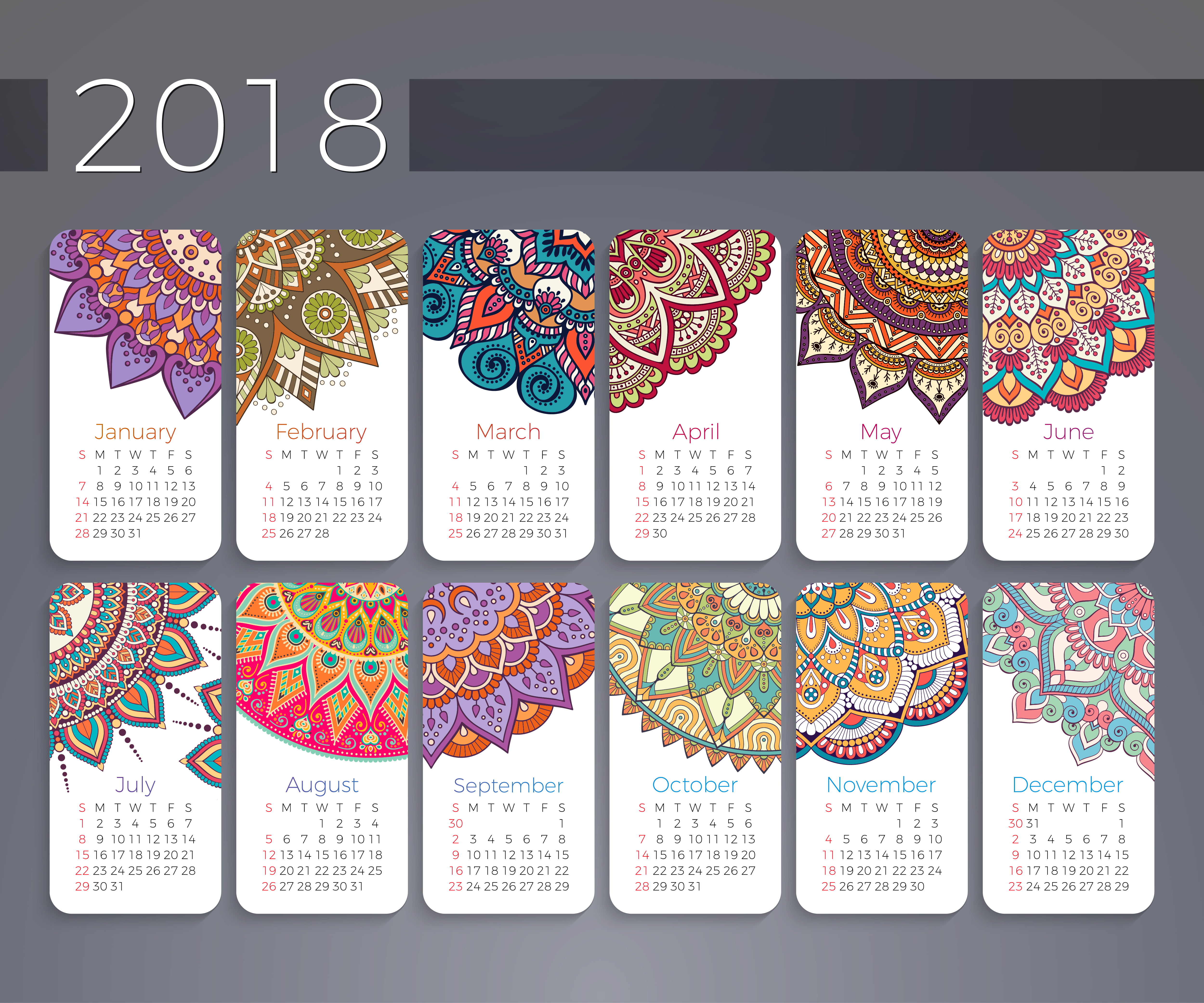 2018 calendar flower mandala digital wallpaper, multicolored calendar