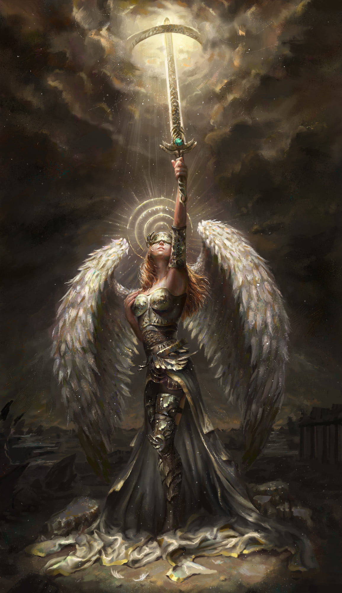 Sanjin Halimic, women, archangel, wings, armor, helmet, long hair