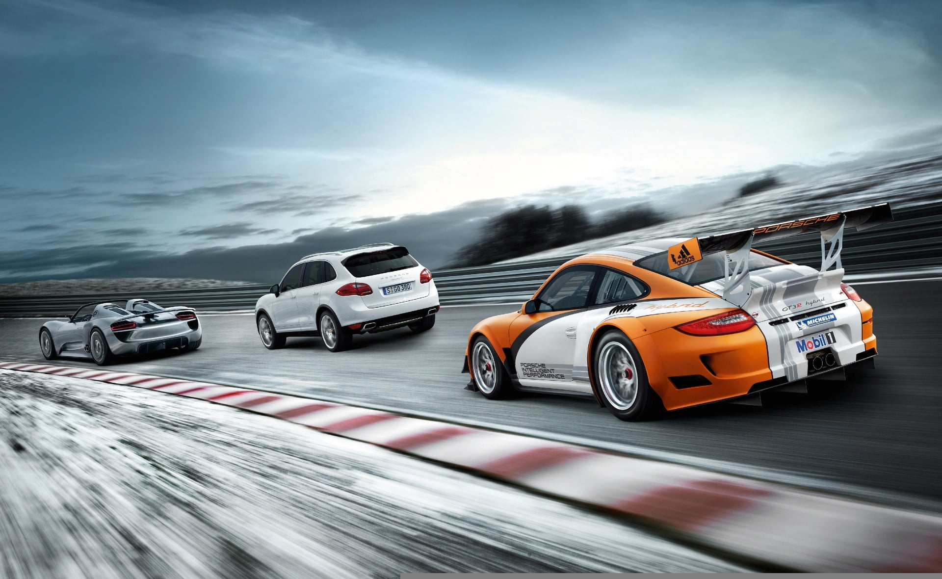 orange and white sports car, road, machine, mix, three, Porsche