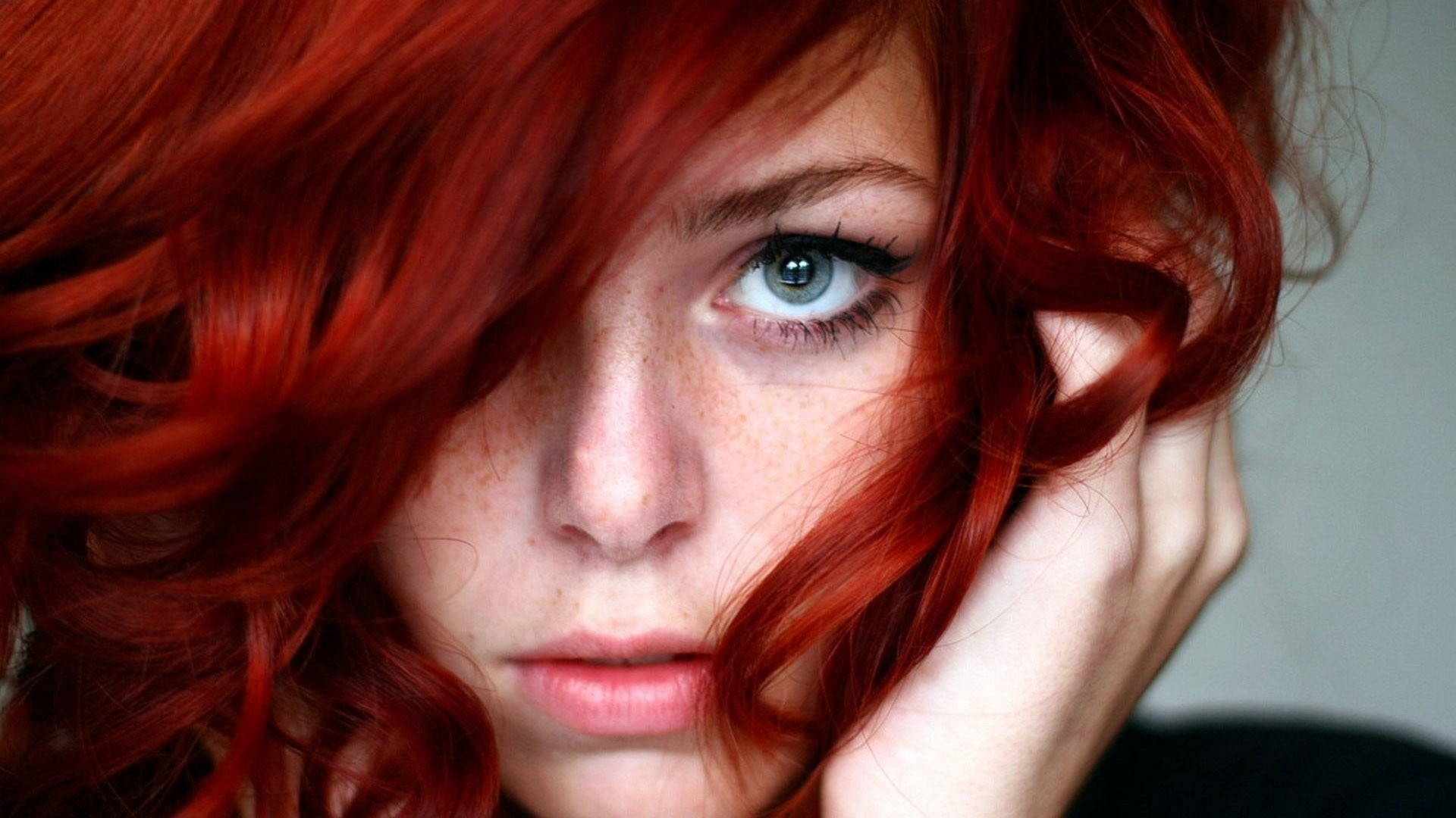 women, redhead, blue eyes, freckles, portrait, dyed red hair