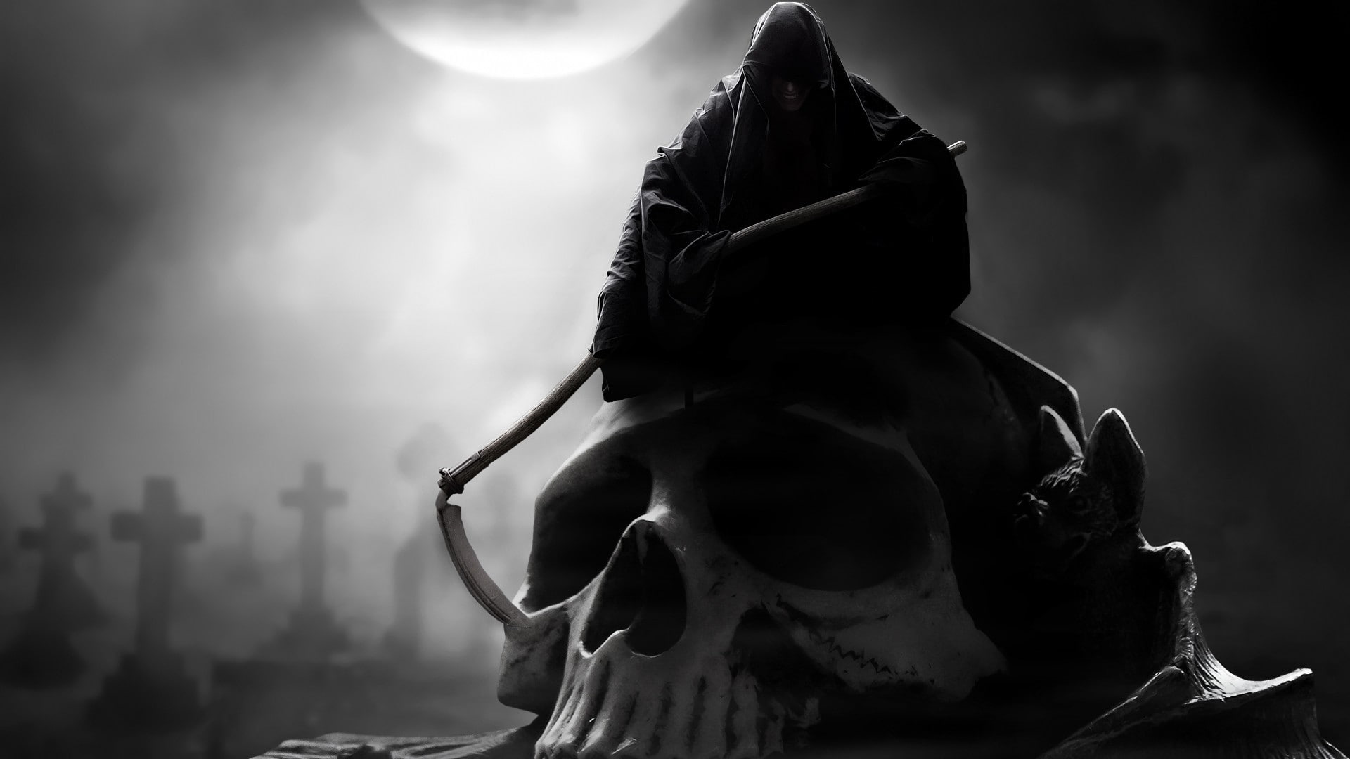 death, Grim Reaper, skull, monochrome, fantasy art