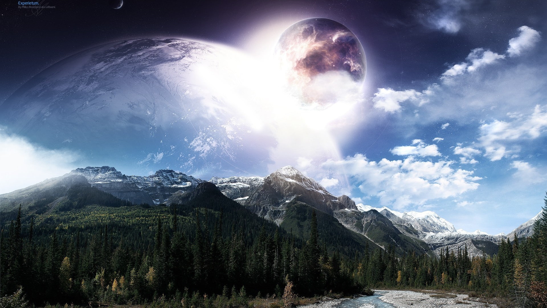 Planet Collision Alien Landscape Trees Mountains HD, mountain and river view during daytime photo