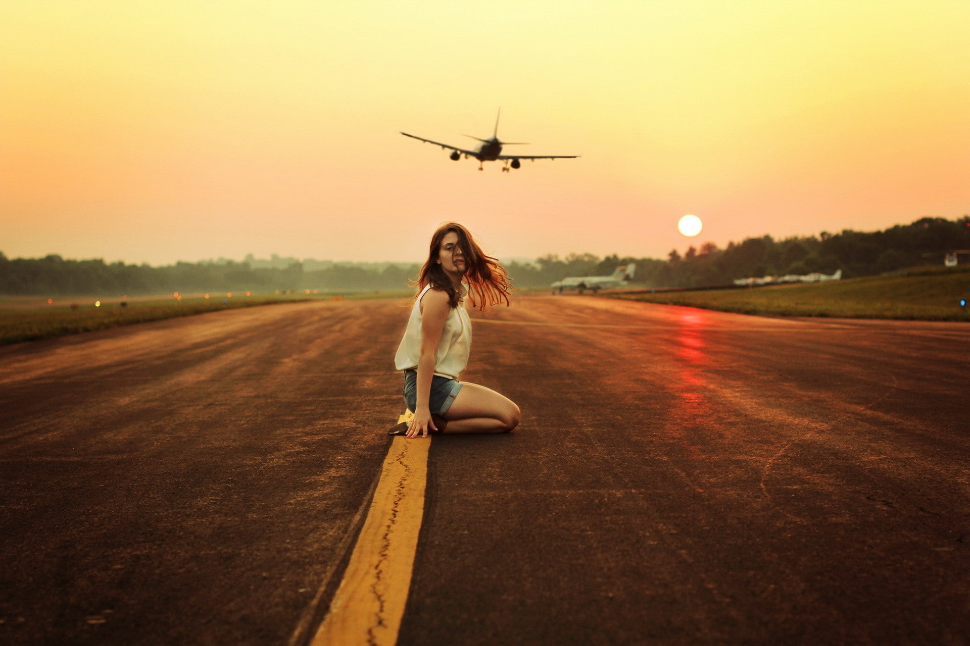 sunset, airplane, model, kneeling, women