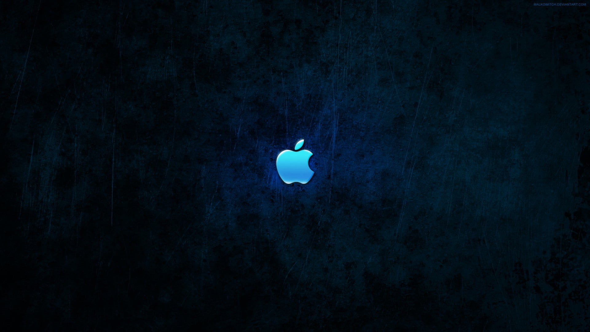 Apple Logo, dark, Apple Inc., blue, cyan, blue background, night