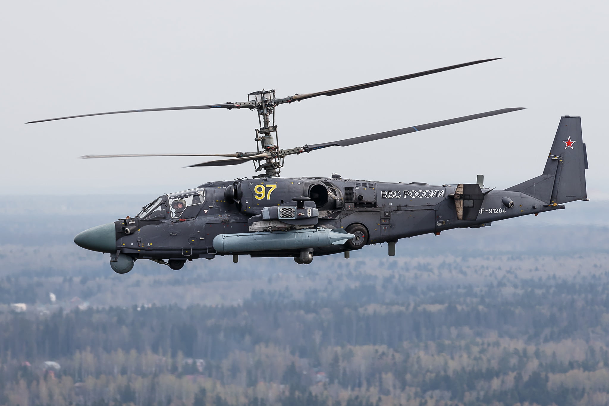 gray military helicopter, flight, Russian, Ka-52, shock, 