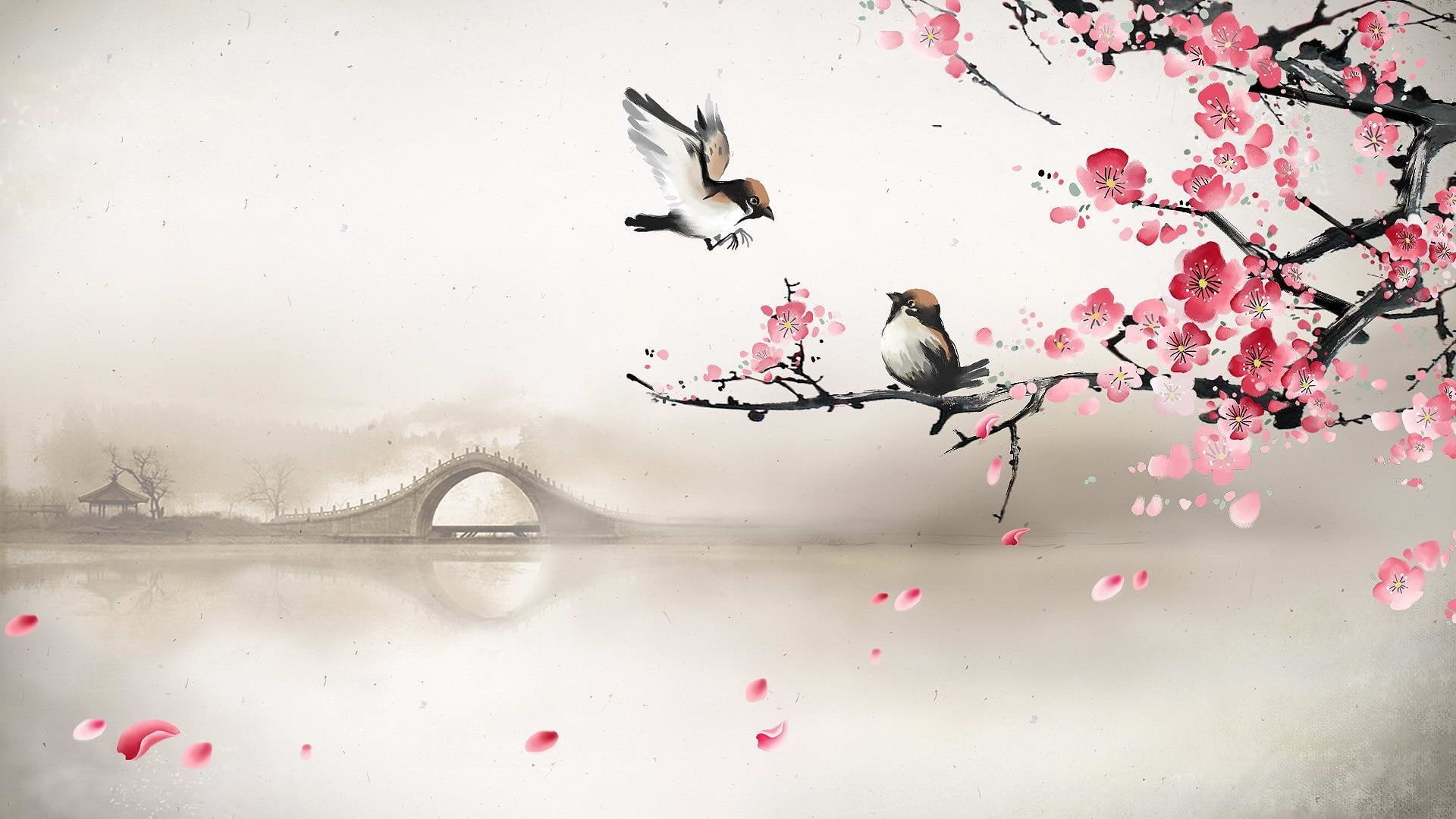two bird and cherry blossom tree clip art, bridge, fog, river