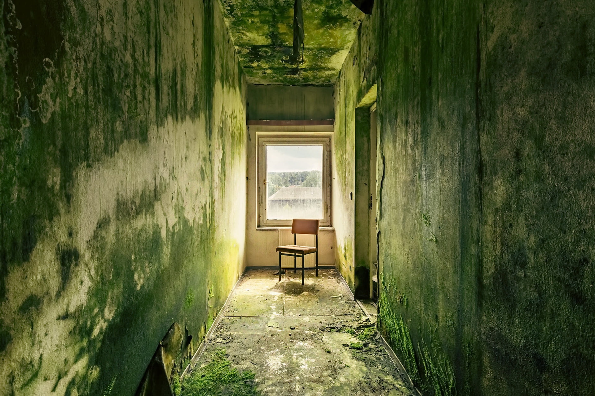 window, hallway, chair, old, ruin, architecture, no people