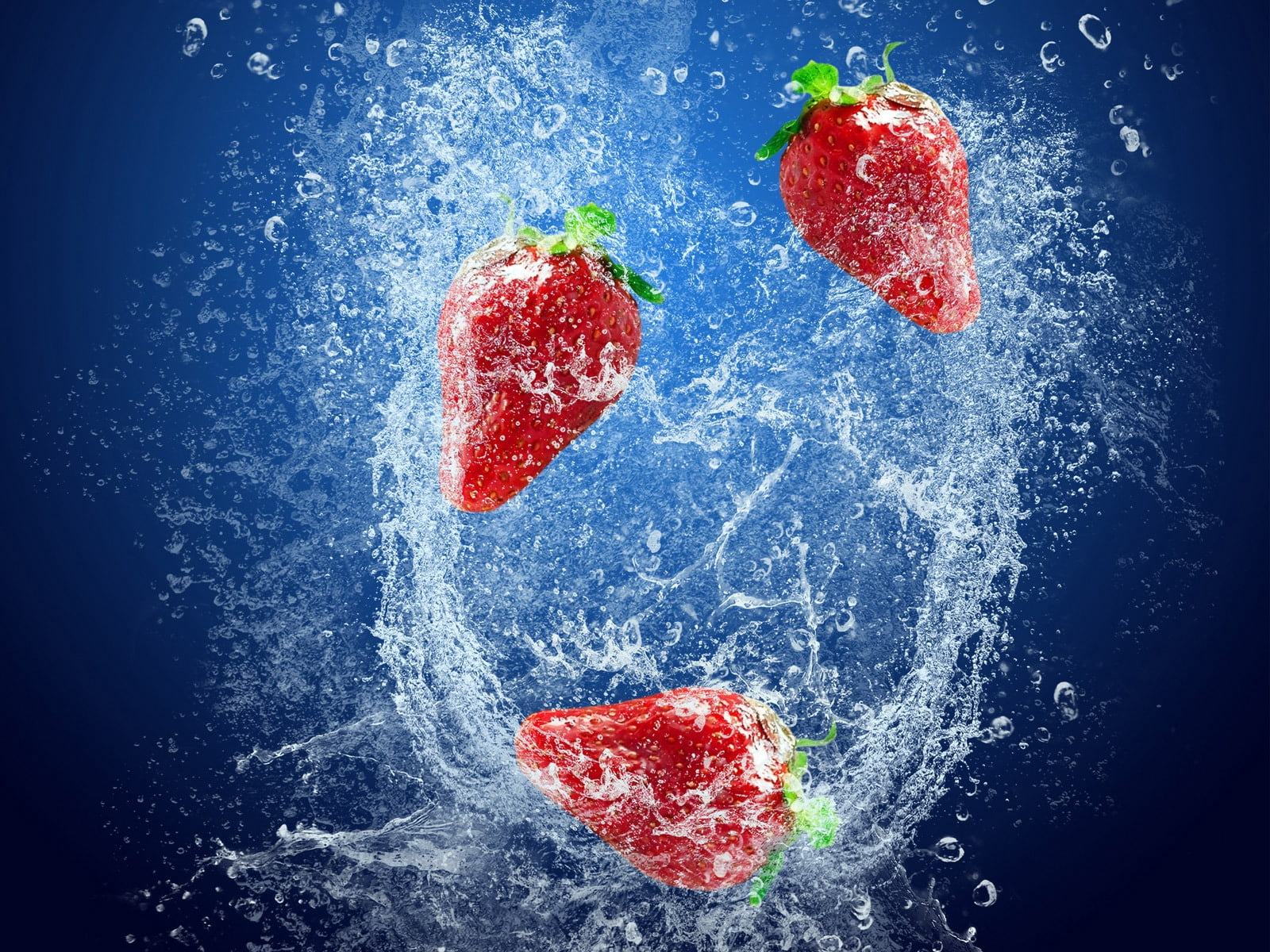 three red strawberries, strawberry, water, splashes, drops, splashing