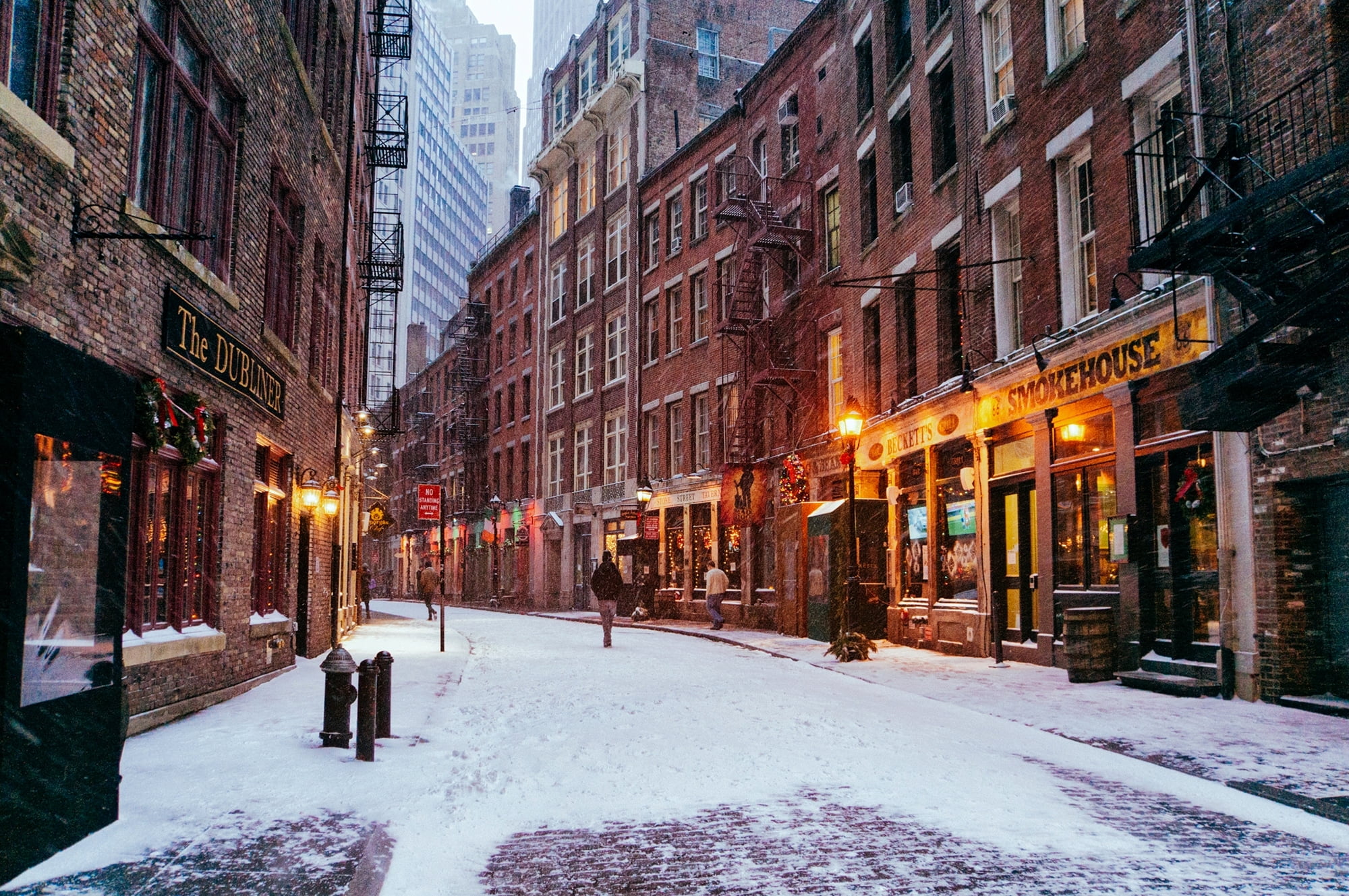 brown building, winter, road, snow, the city, people, street