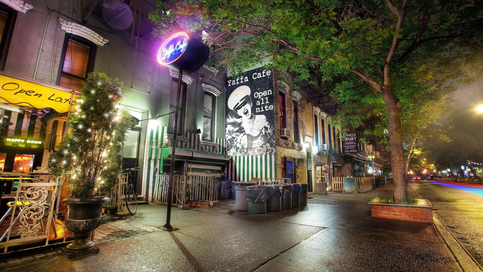 Yaffa Cafe In Greenwich Village Nyc, lights, street, night, nature and landscapes