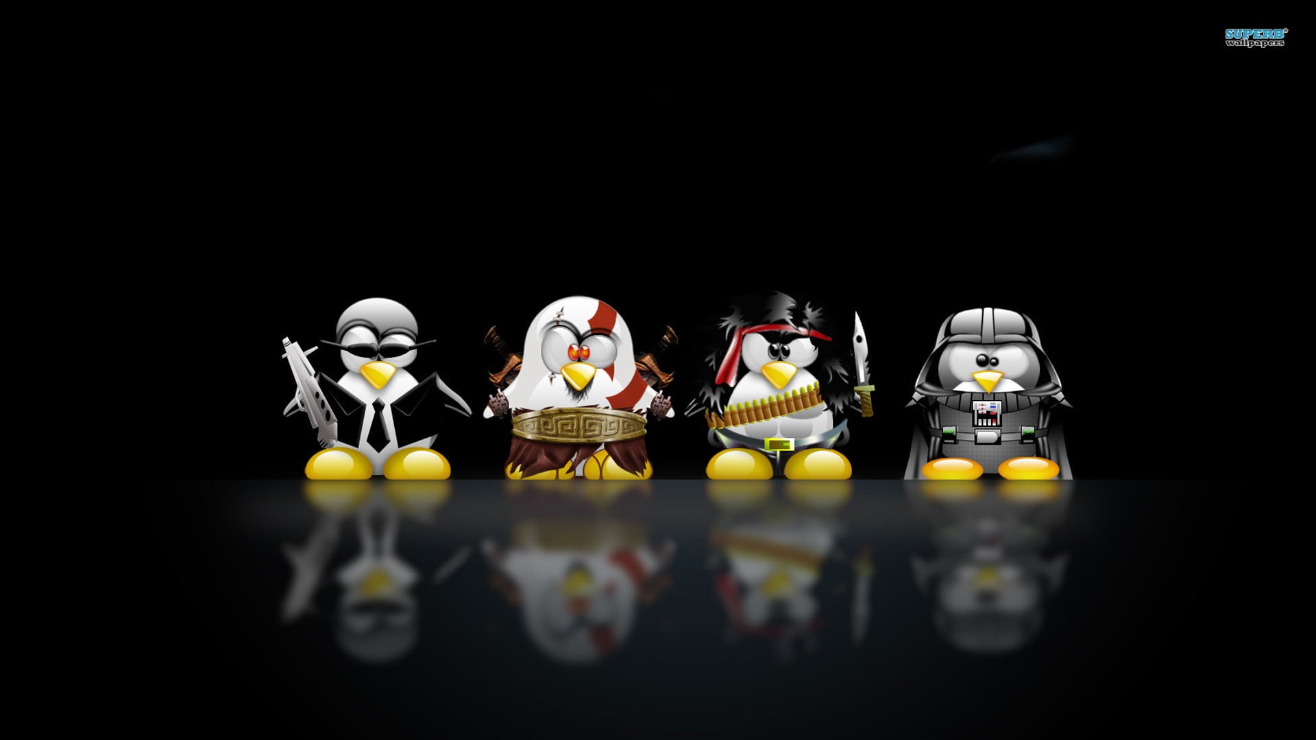 several Angry Bird figures, GNU, Tux, Linux, Darth Vader, Kratos