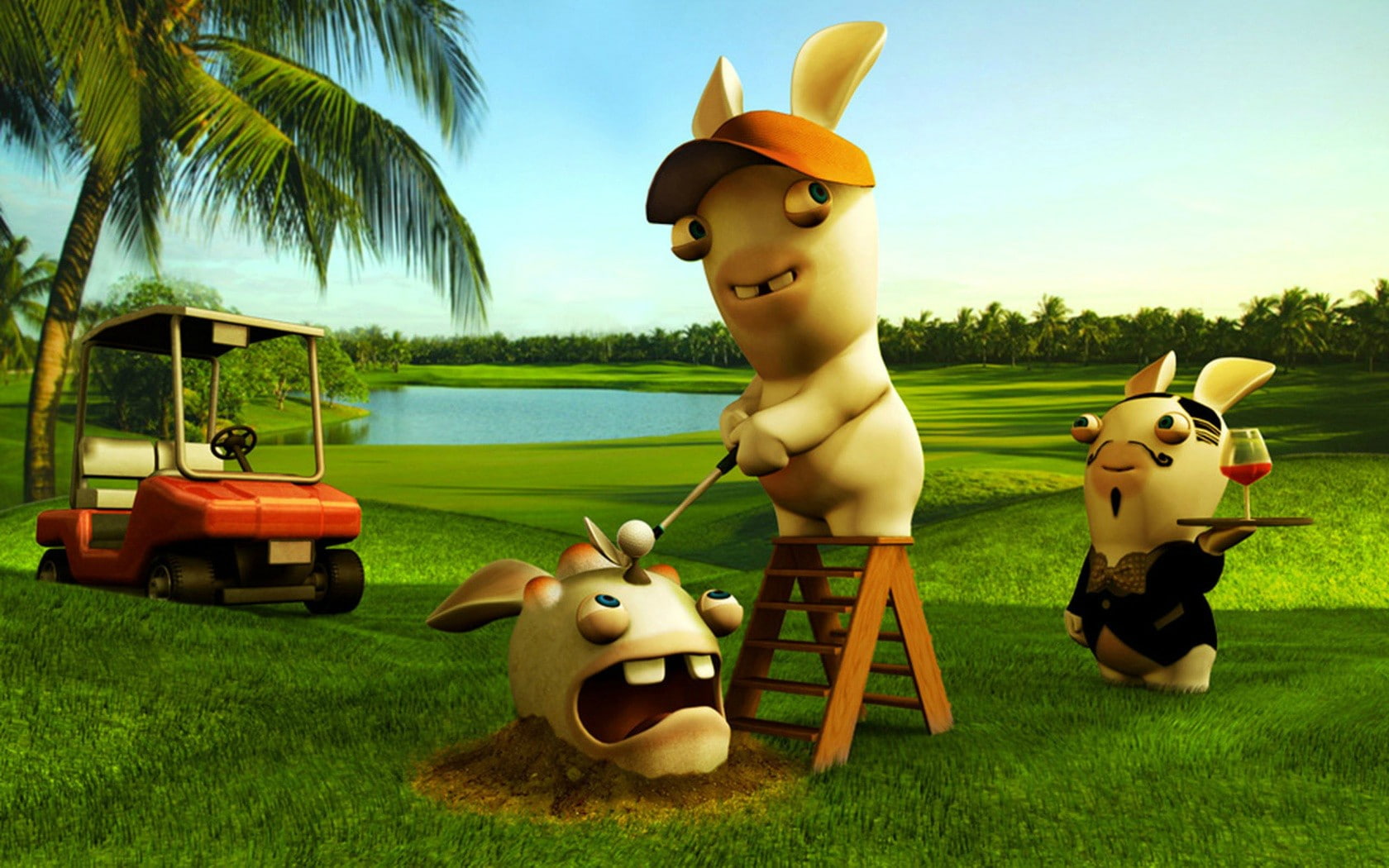 video games, Raving Rabbids, golf course, humor, palm trees