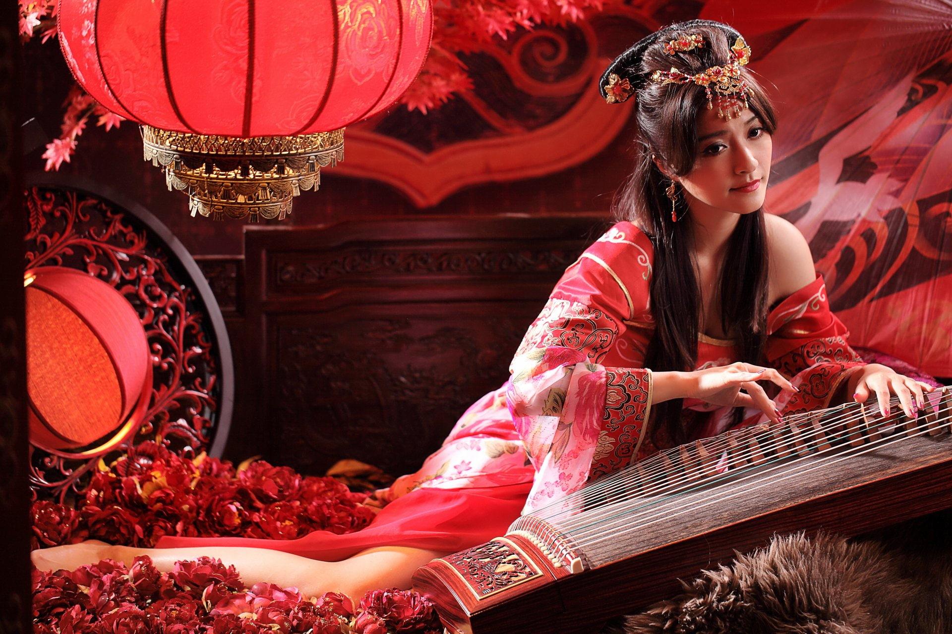 Women, Asian, Hair-Dress, Instrument, Lantern, National Dress