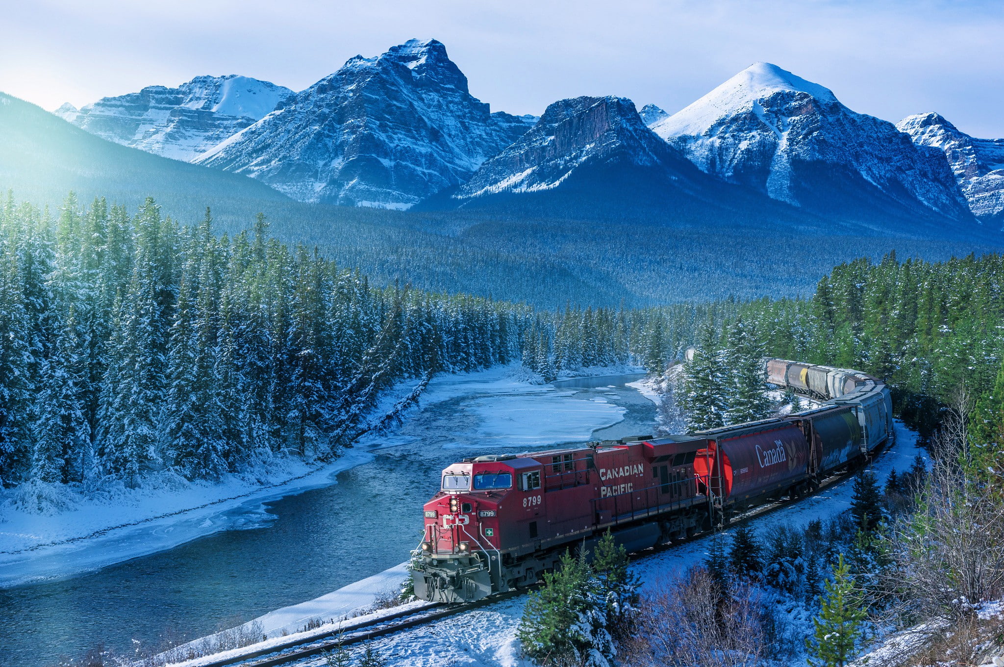 train, river, Canada, snowy peak, Rocky Mountains, railway