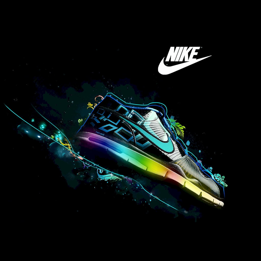 Logos, Nike, Famous Sports Brand, Dark Background, Shoe, Colorful Rays, black teal and yellow nike sneaker