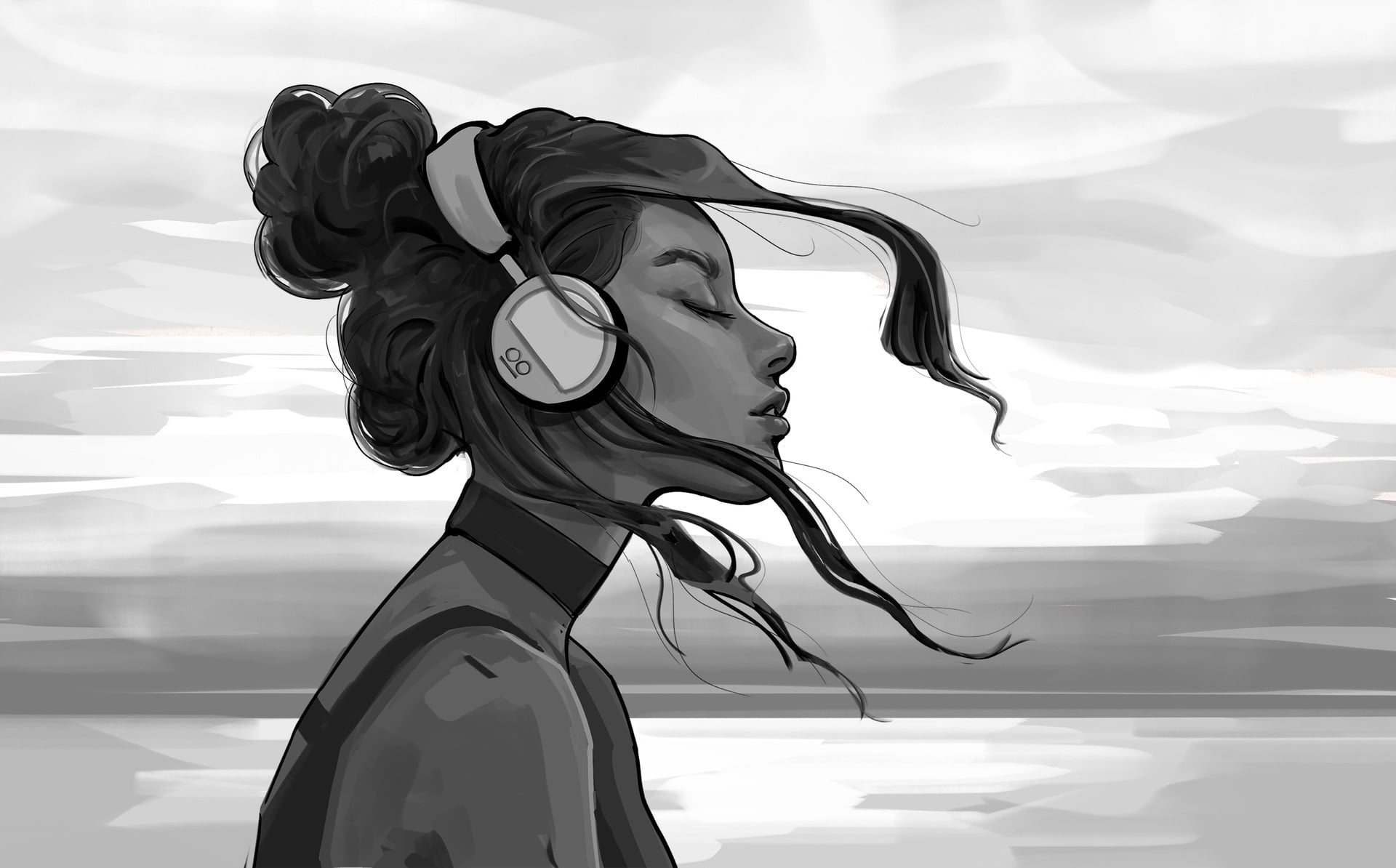 Girl, B/W, Figure, Headphones, Hair, Black and white, Art, Artist