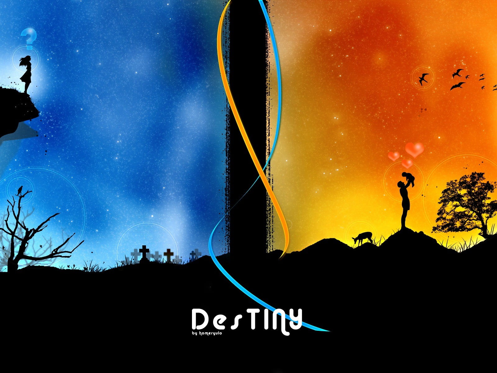 Destiny digital wallpaper, love, flight, blue, red, style, Gothic