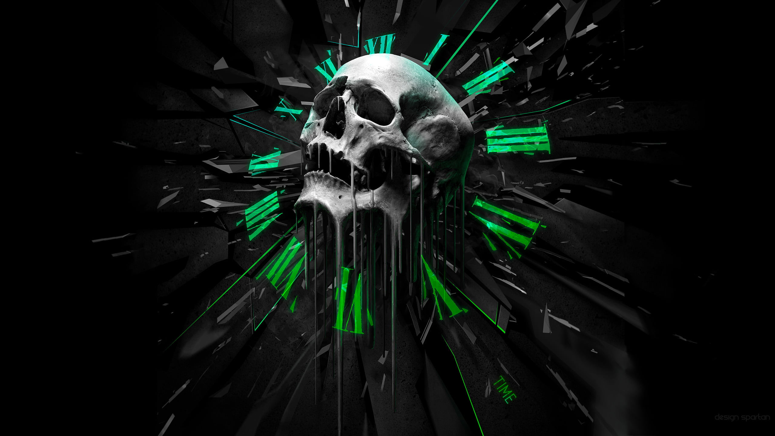 illustration of skull, abstract, clocks, black background, digital art
